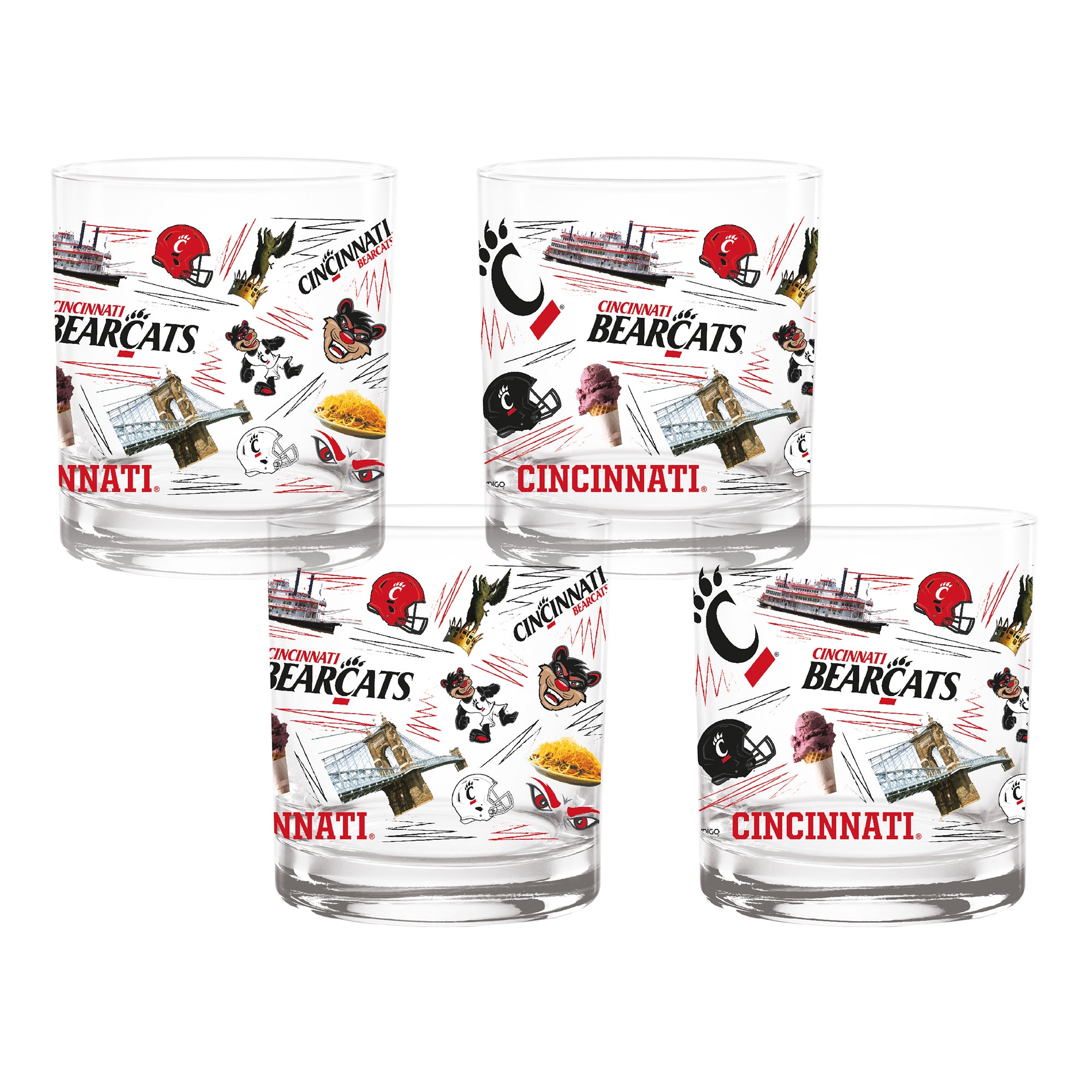 Set of 4 Cincinnati Bearcats 14oz Local Rocks Glasses