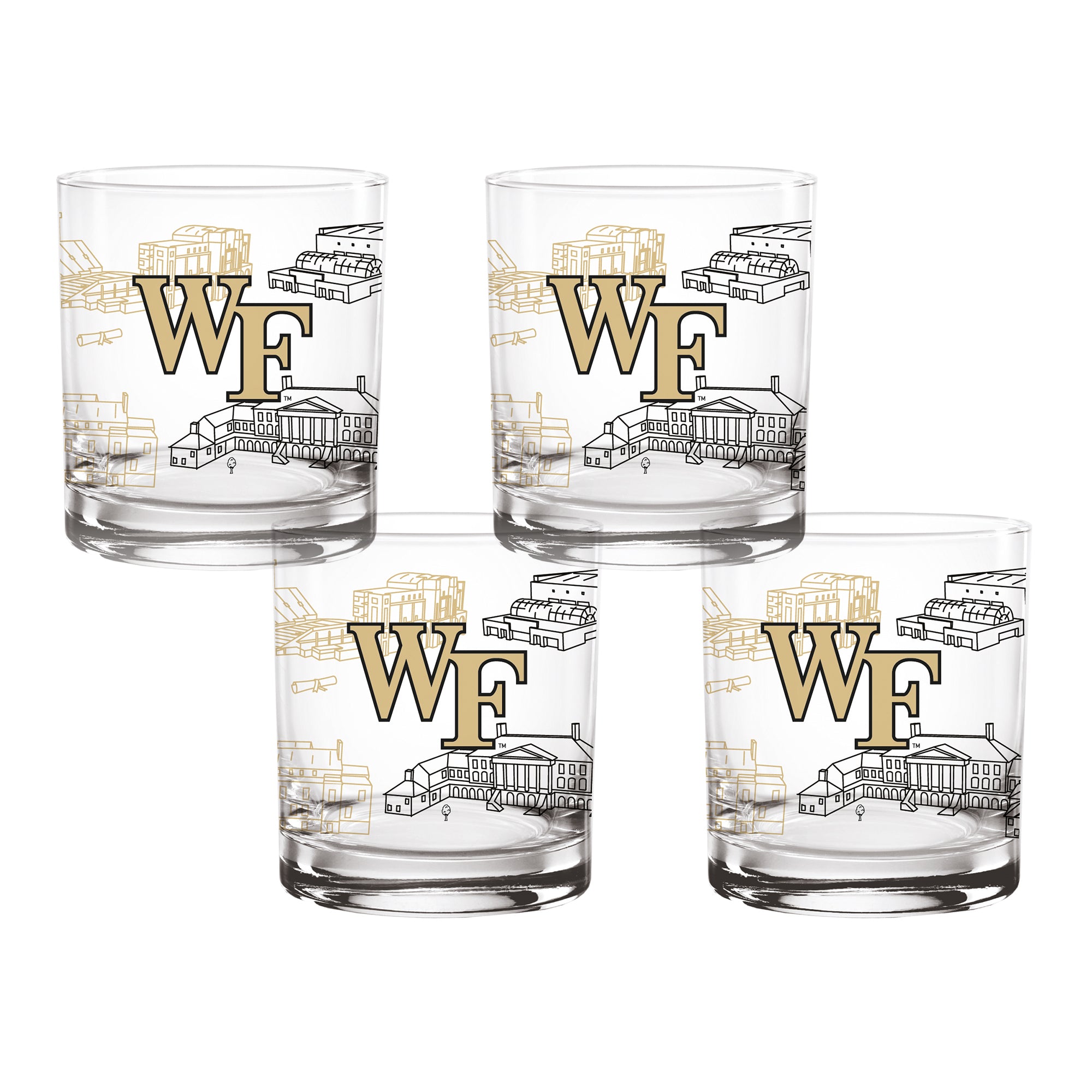 Set of 4 Wake Forest Demon Deacons Campus Line Art 14oz Rocks Glasses