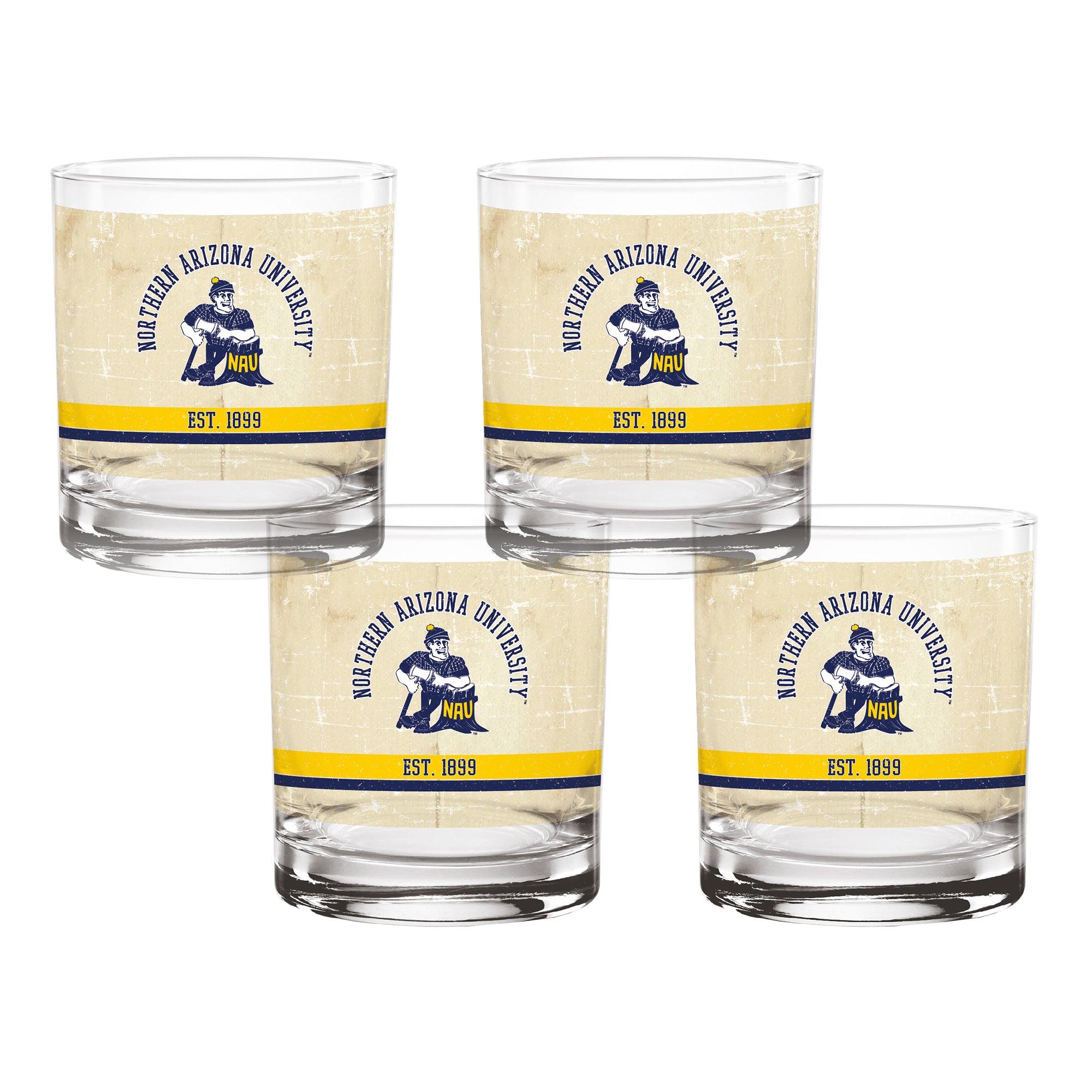 Set of 4 Northern Arizona Lumberjacks College Vault Tan Retro 14oz Rocks Glasses