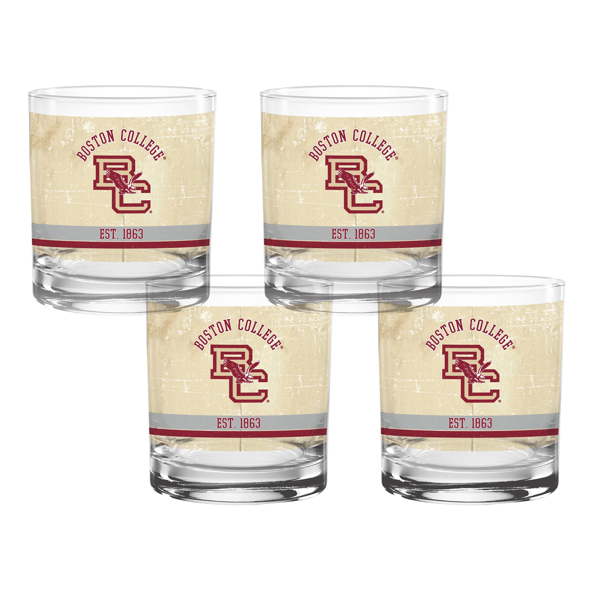 Set of 4 Boston College Eagles College Vault Tan Retro 14oz Rocks Glasses