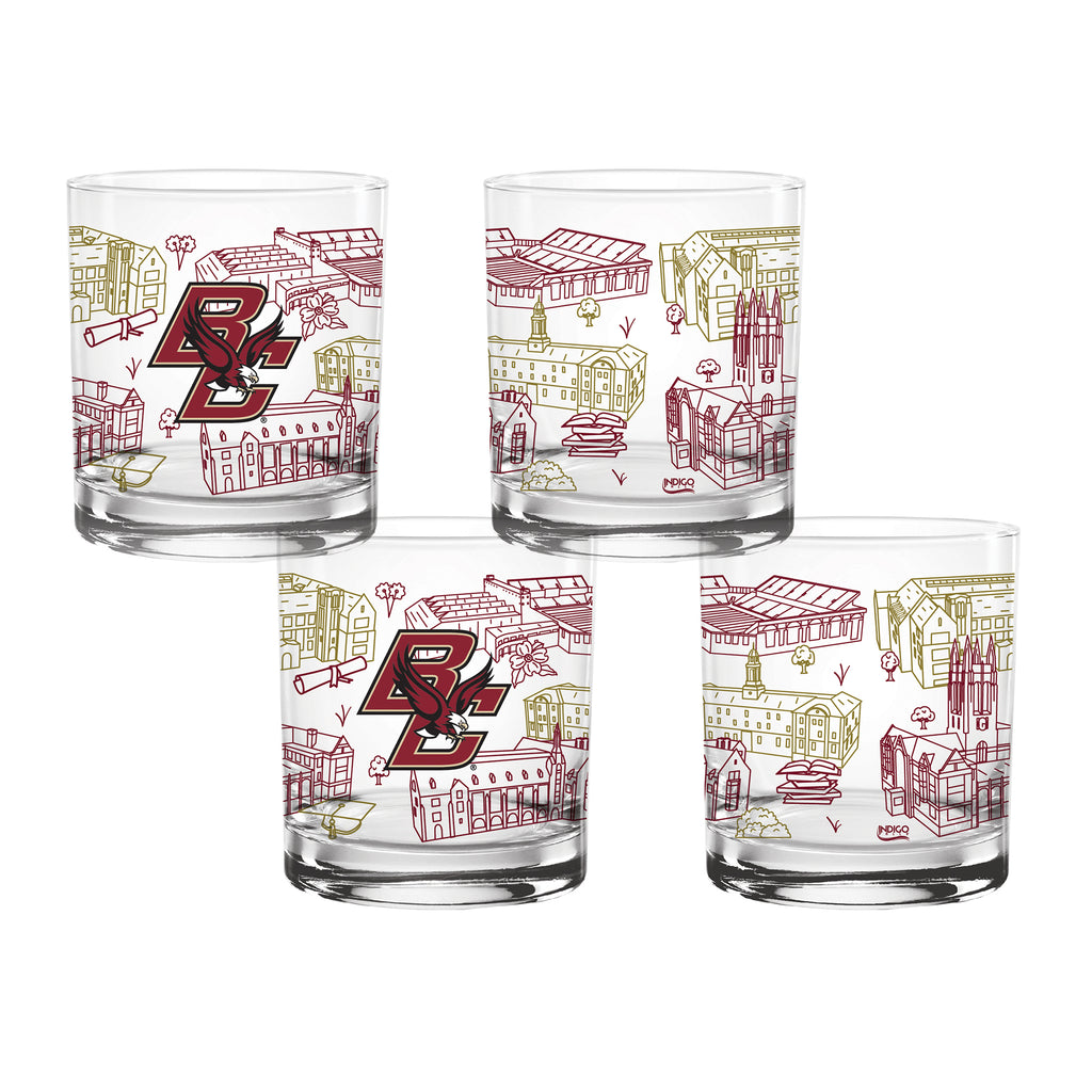 Set of 4 Boston College Eagles Campus Line Art 14oz Rocks Glasses