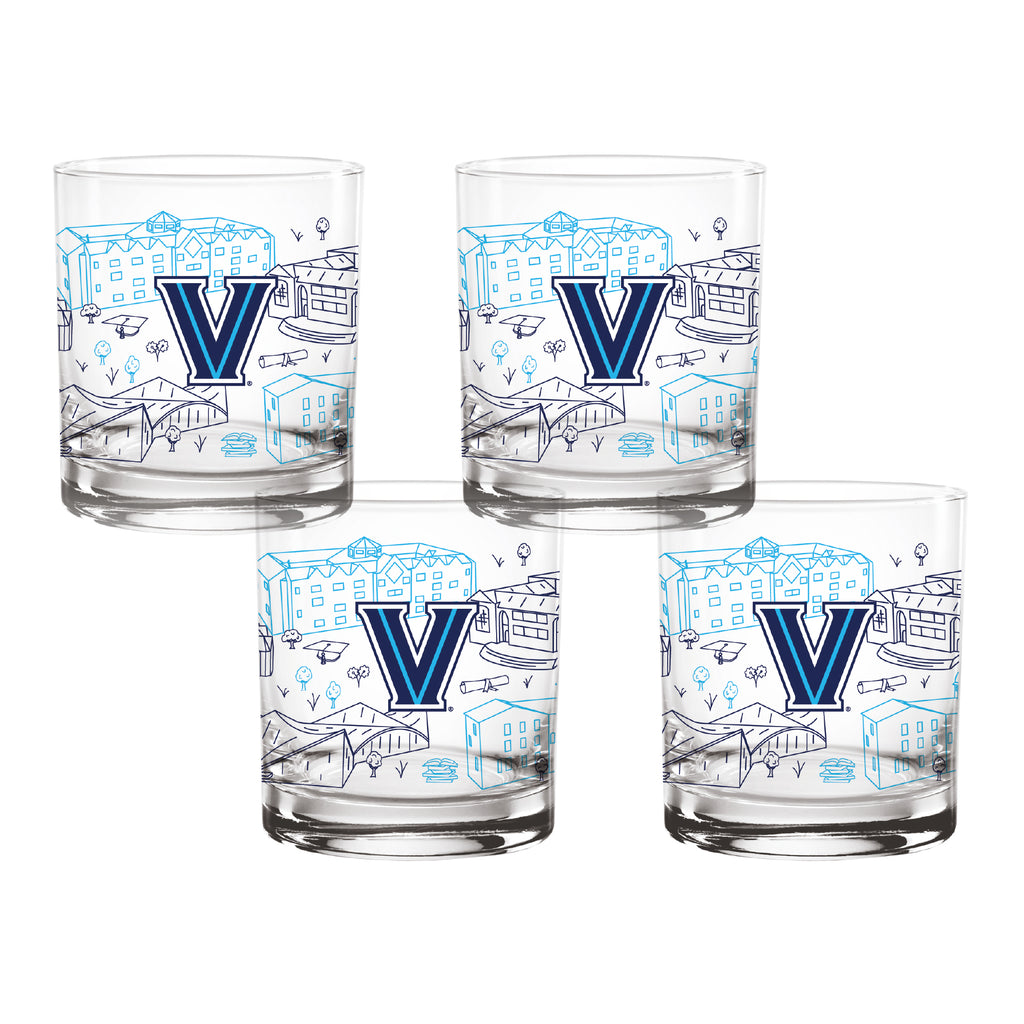 Set of 4 Villanova Wildcats Campus Line Art 14oz Rocks Glasses