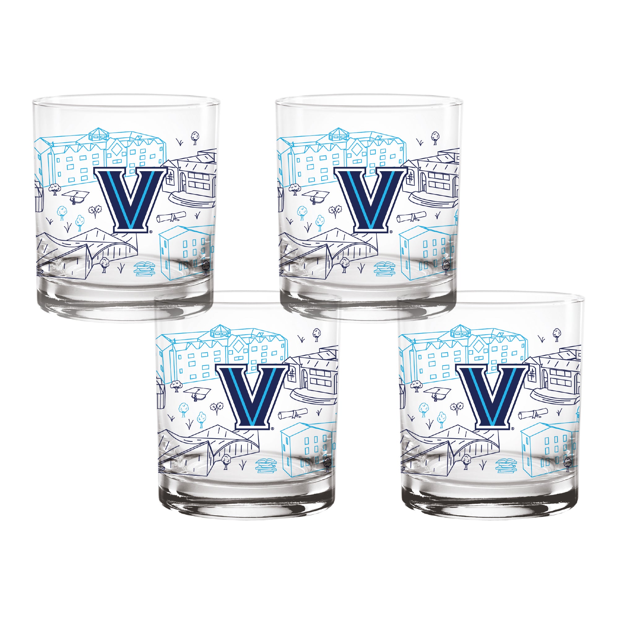 Set of 4 Villanova Wildcats Campus Line Art 14oz Rocks Glasses