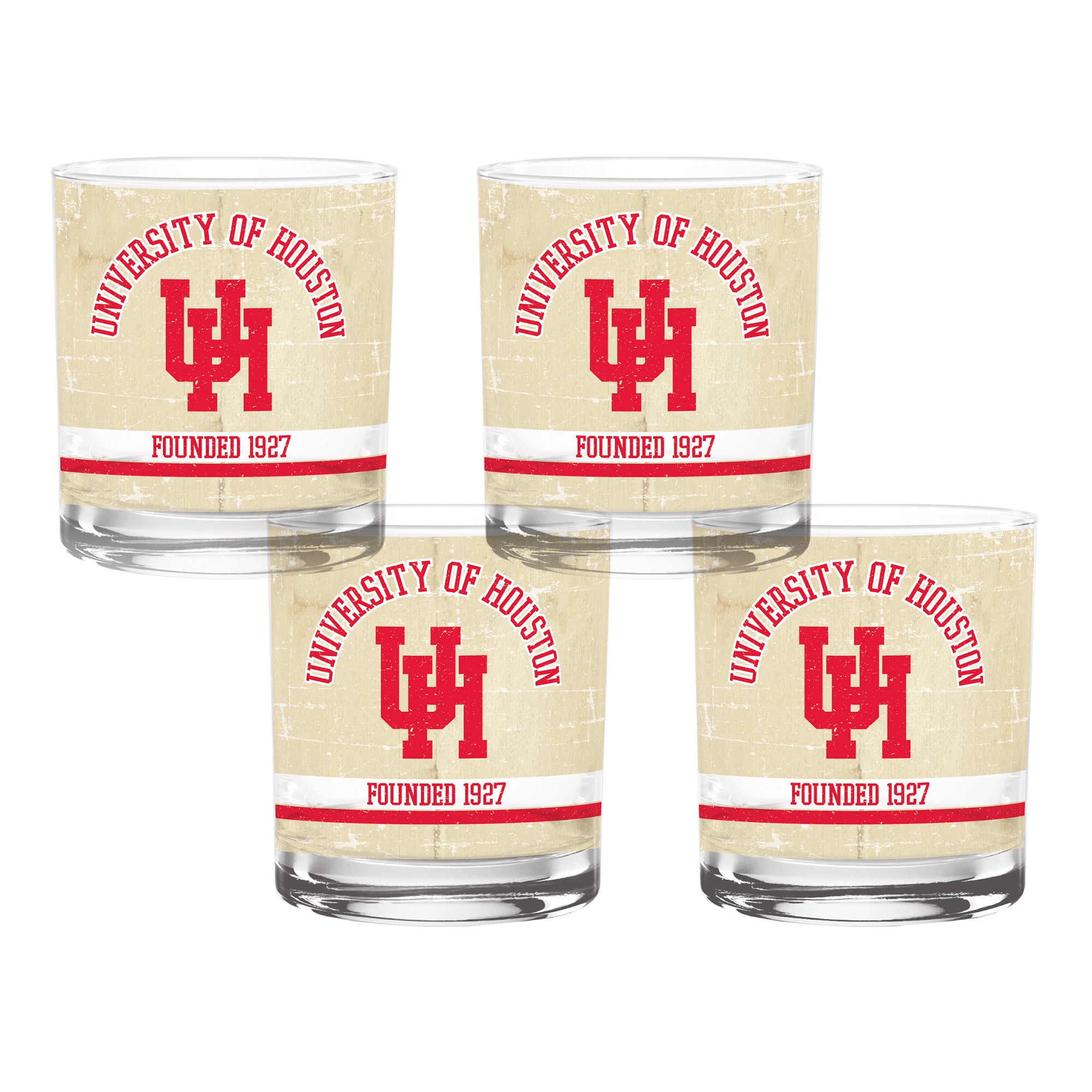 Set of 4 Houston Cougars College Vault Tan Retro 14oz Rocks Glasses