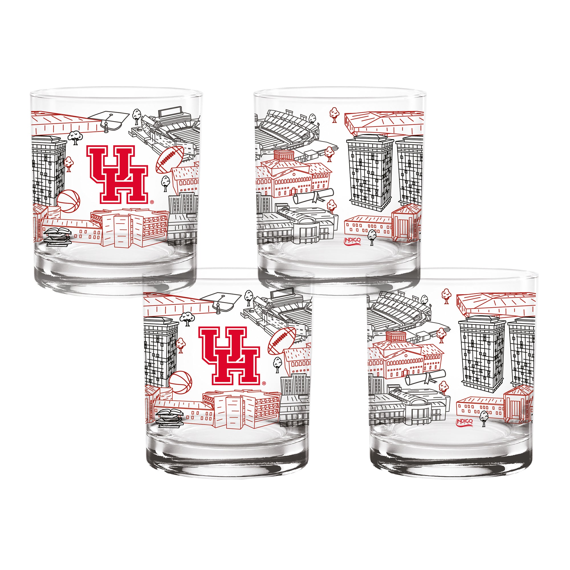 Set of 4 Houston Cougars Campus Line Art 14oz Rocks Glasses