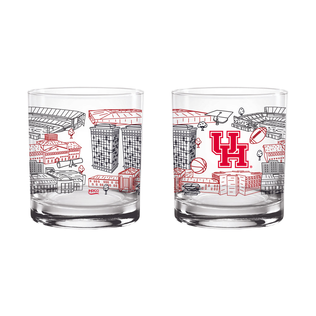 Set of 2 Houston Cougars Campus Line Art 14oz Rocks Glasses