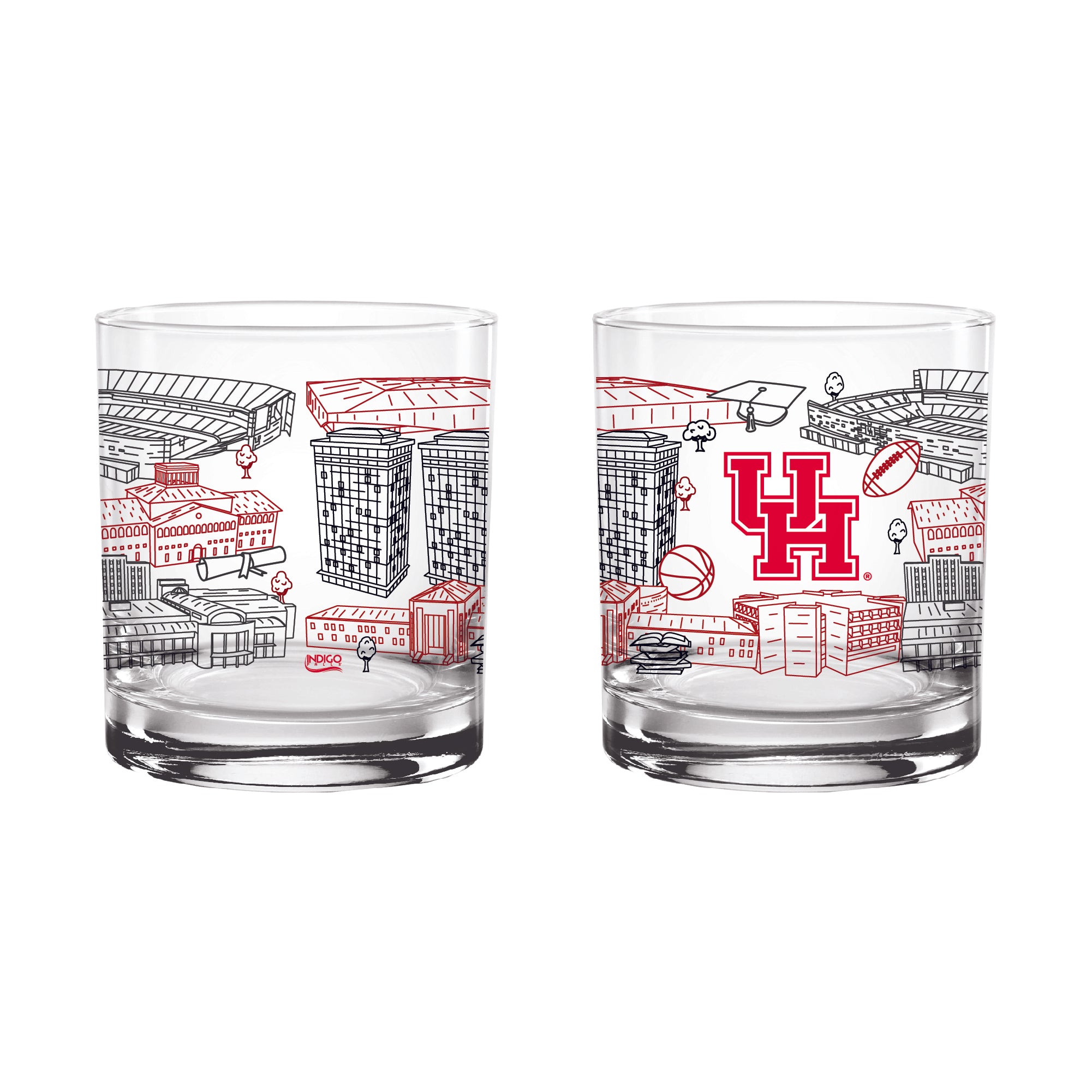 Set of 2 Houston Cougars Campus Line Art 14oz Rocks Glasses