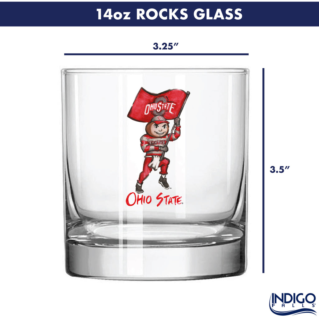 Set of 4 Ohio State Buckeyes Mascot by Laura Wilcox 14oz Rocks Glasses