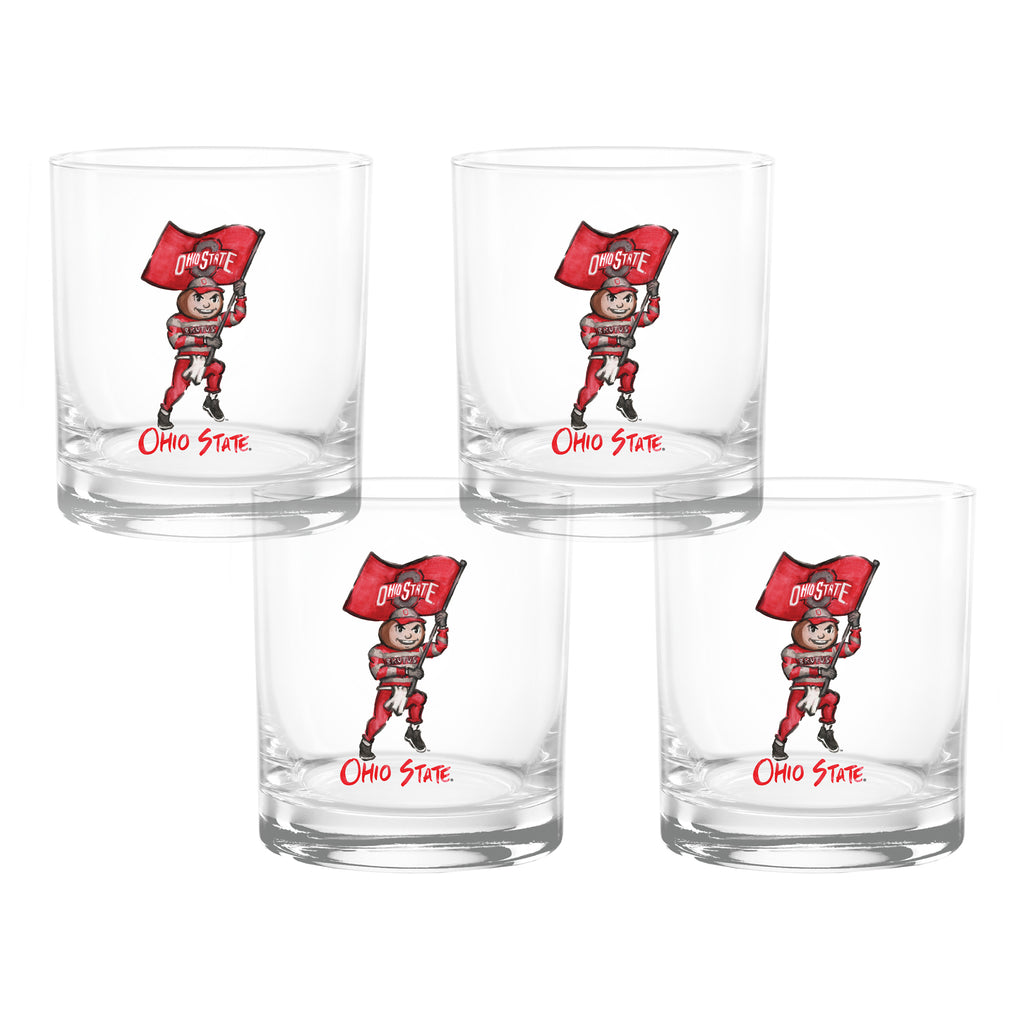 Set of 4 Ohio State Buckeyes Mascot by Laura Wilcox 14oz Rocks Glasses