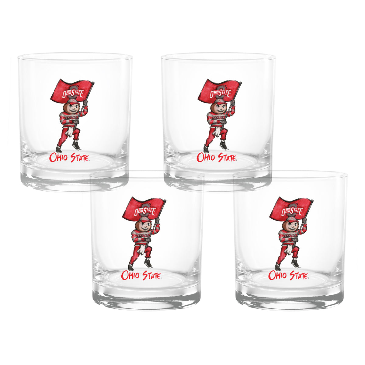 Set of 4 Ohio State Buckeyes Mascot by Laura Wilcox 14oz Rocks Glasses