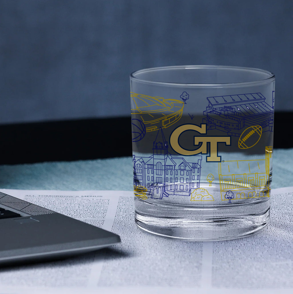 Set of 4 Georgia Tech Yellow Jackets Campus Line Art 14oz Rocks Glasses