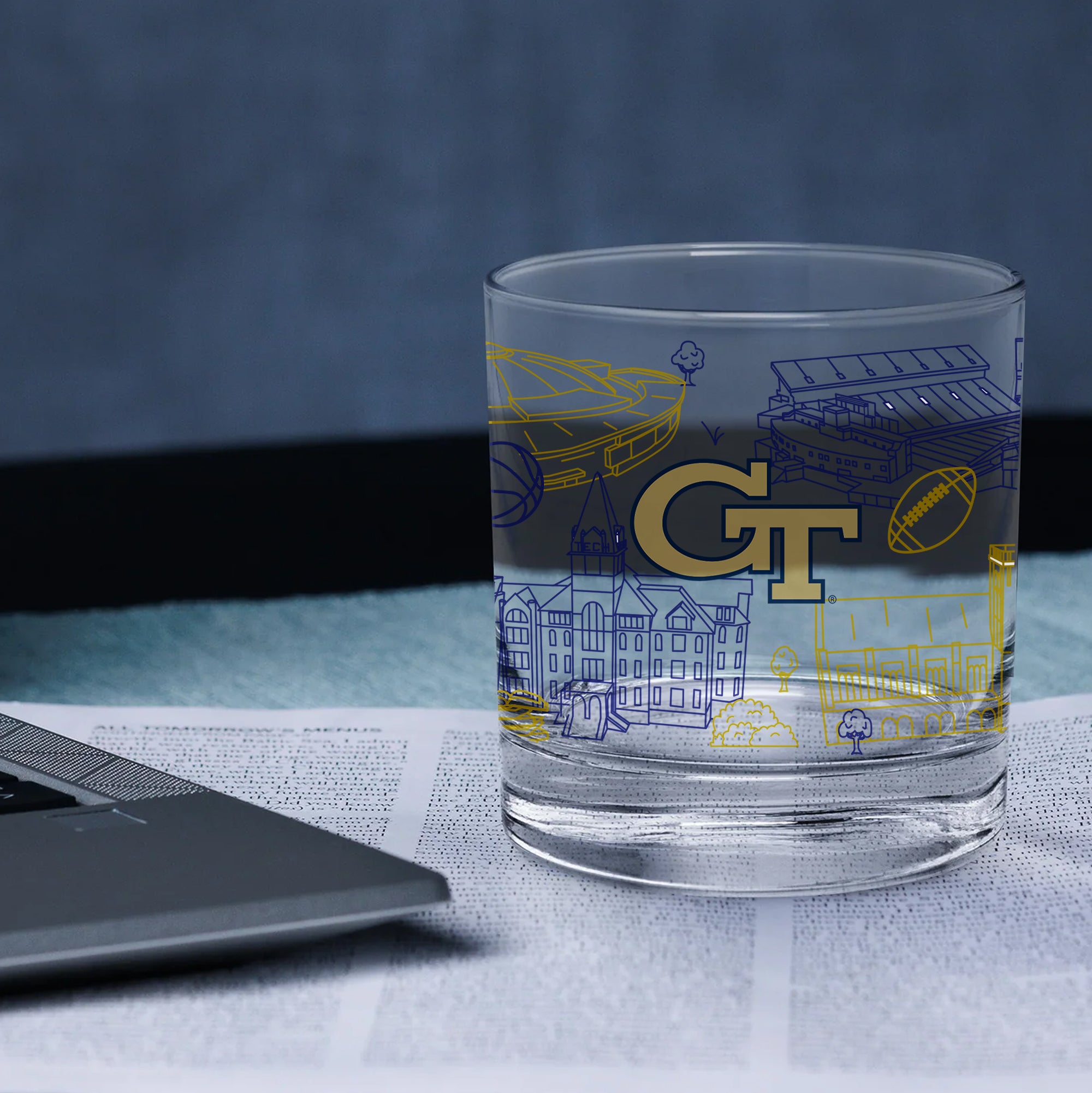 Set of 4 Georgia Tech Yellow Jackets Campus Line Art 14oz Rocks Glasses