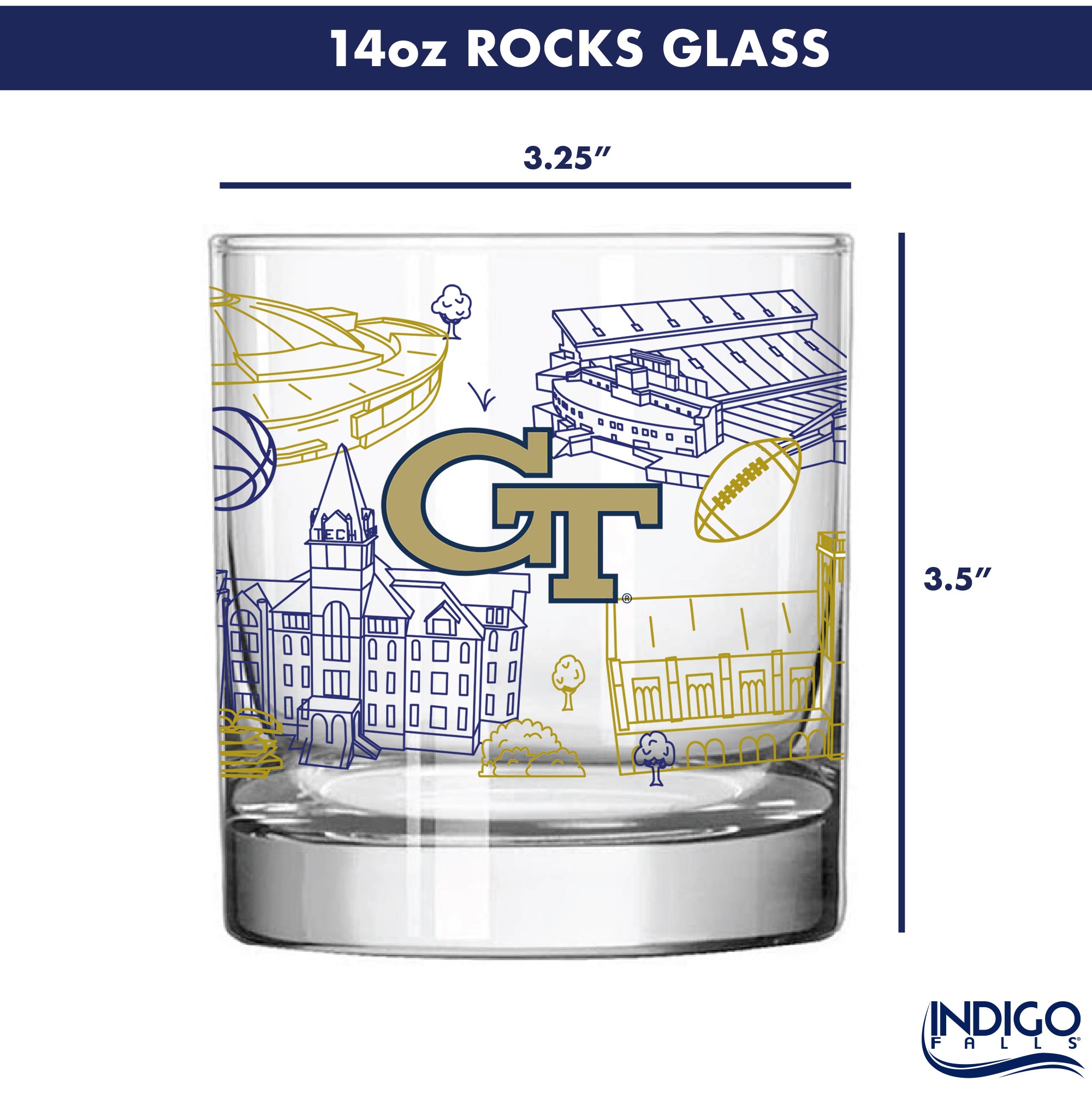 Set of 4 Georgia Tech Yellow Jackets Campus Line Art 14oz Rocks Glasses