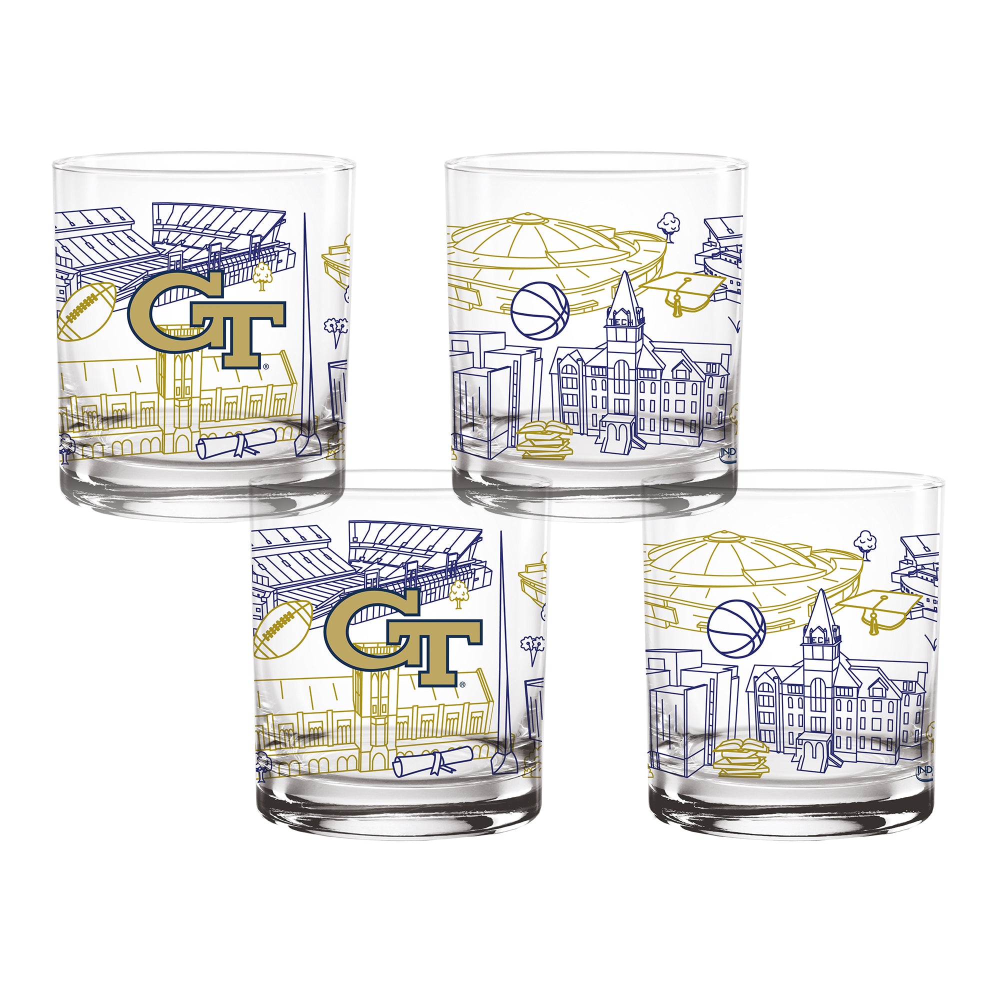Set of 4 Georgia Tech Yellow Jackets Campus Line Art 14oz Rocks Glasses