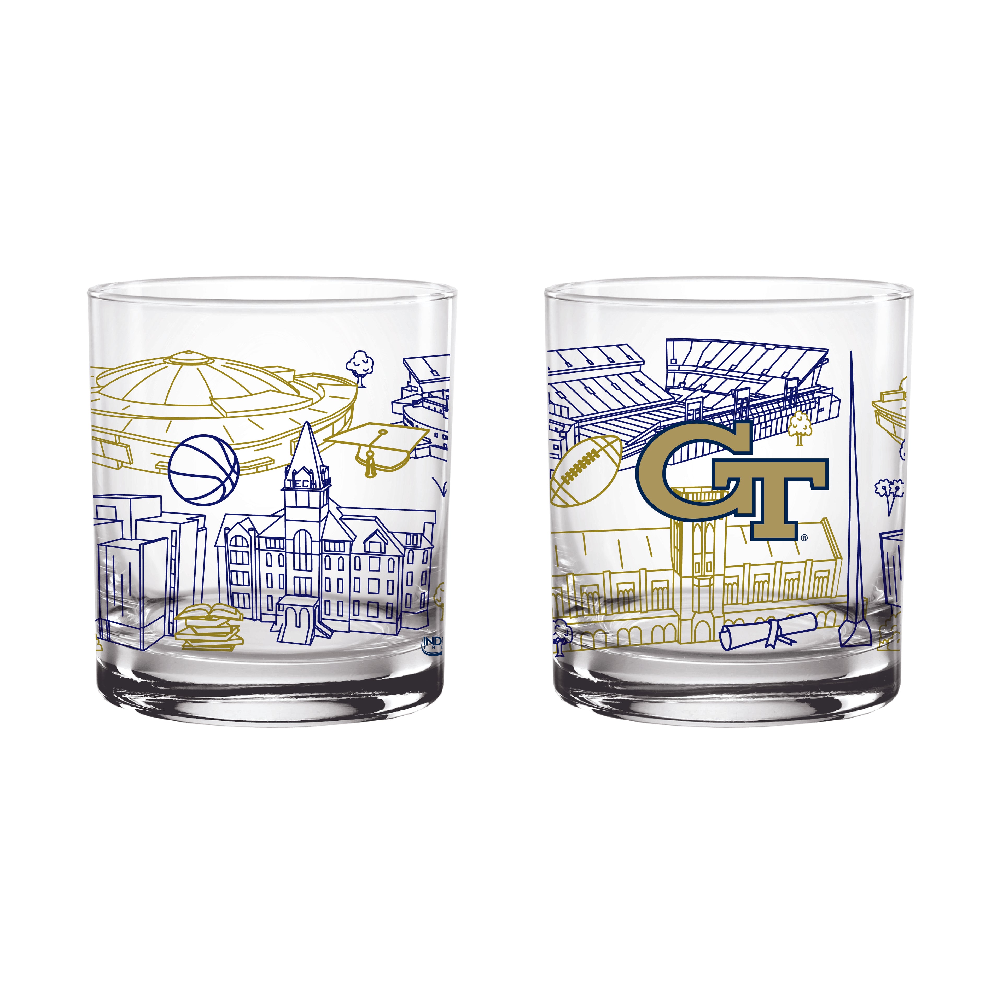 Set of 2 Georgia Tech Yellow Jackets Campus Line Art 14oz Rocks Glasses