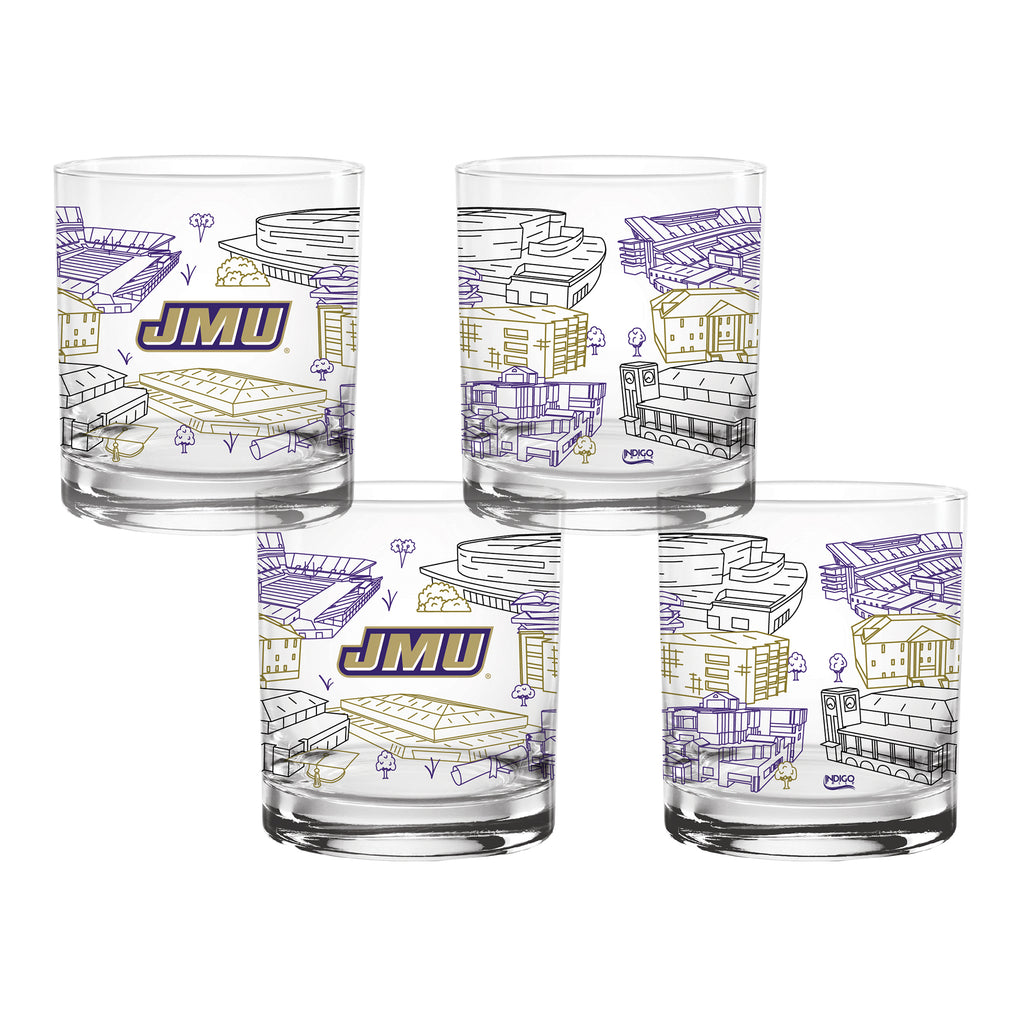 Set of 4 James Madison Dukes Campus Line Art 14oz Rocks Glasses