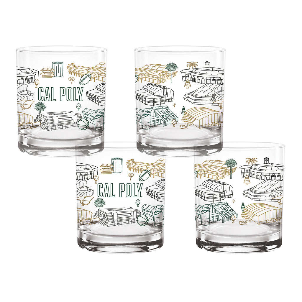 Set of 4 Cal Poly Mustangs Campus Line Art 14oz Rocks Glasses