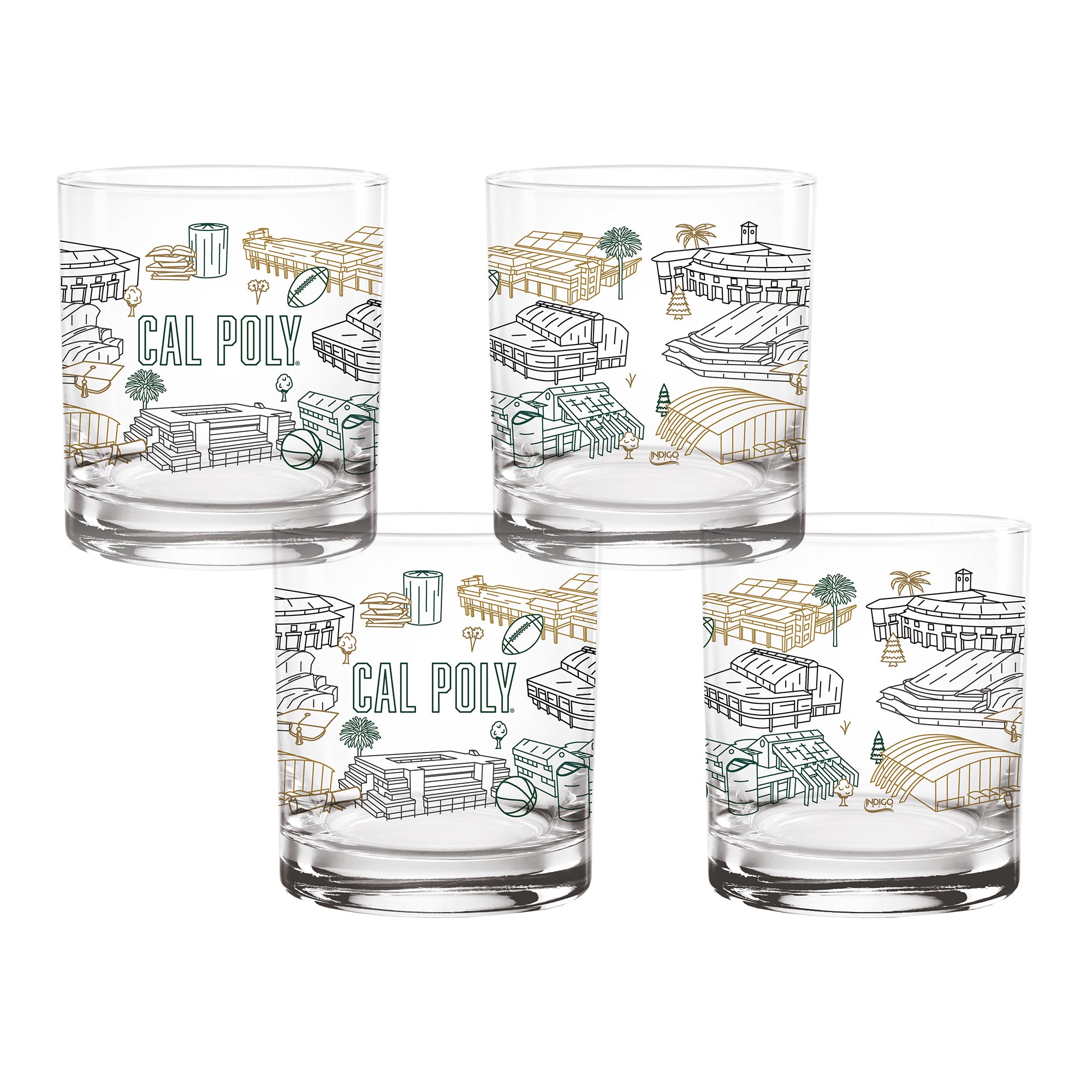 Set of 4 Cal Poly Mustangs Campus Line Art 14oz Rocks Glasses