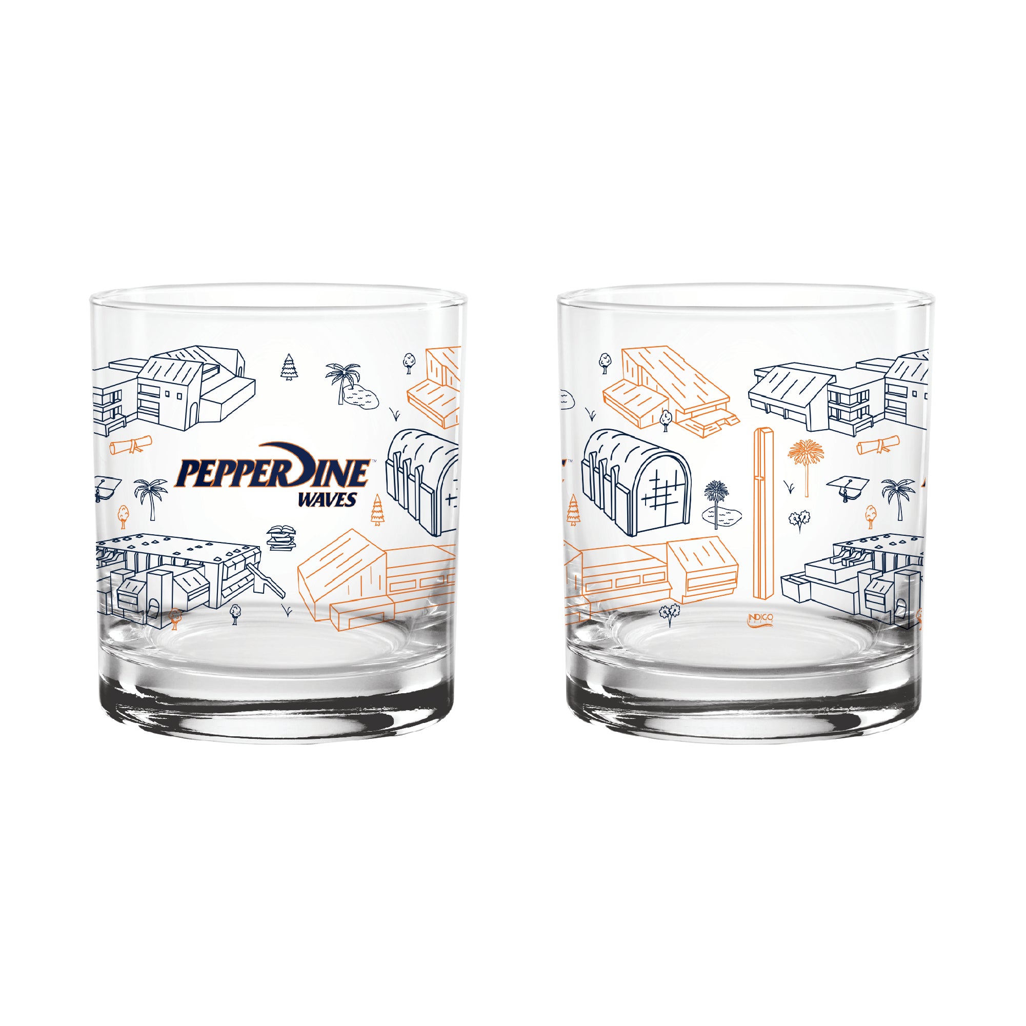 Set of 2 Pepperdine Waves Campus Line Art 14oz Rocks Glasses