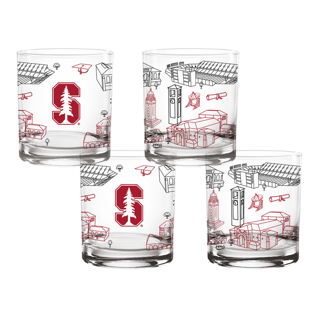 Set of 4 Stanford Cardinal Campus Line Art 14oz Rocks Glasses