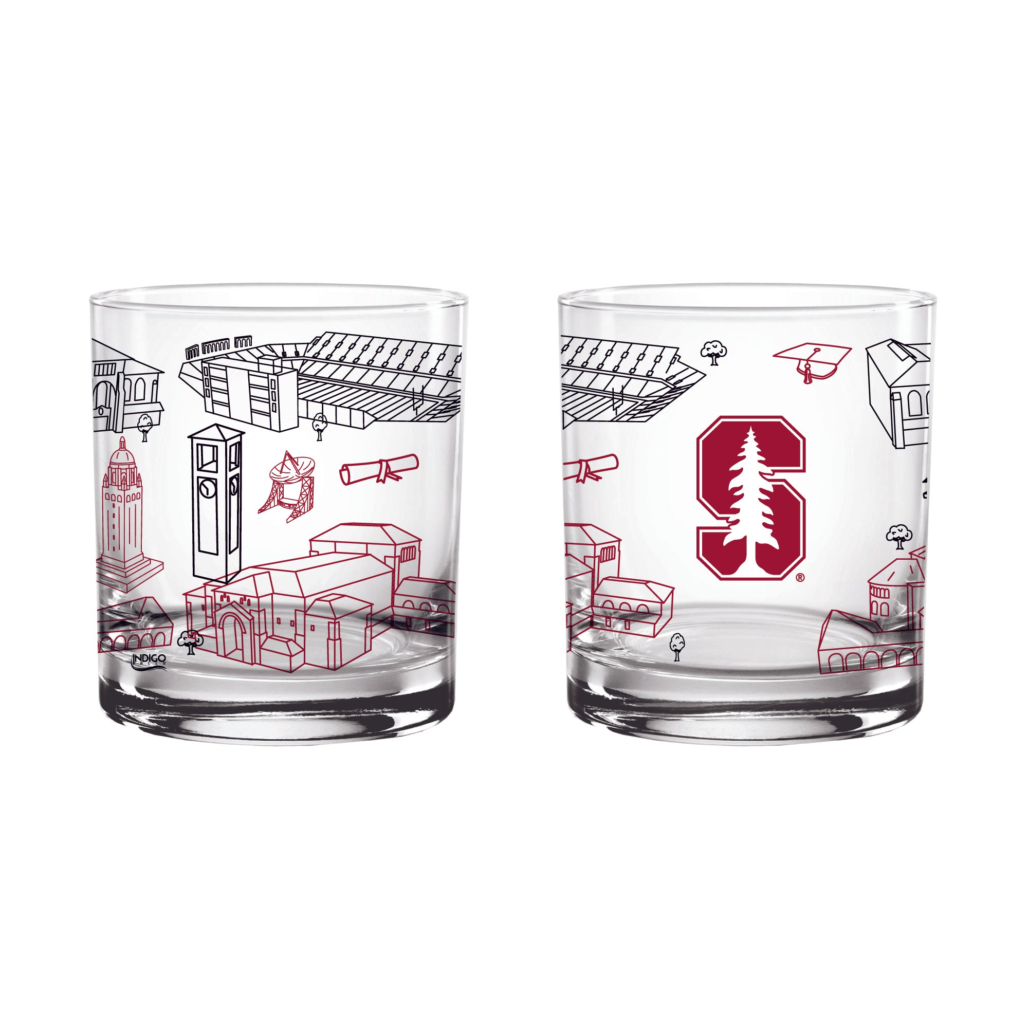 Set of 2 Stanford Cardinal Campus Line Art 14oz Rocks Glasses