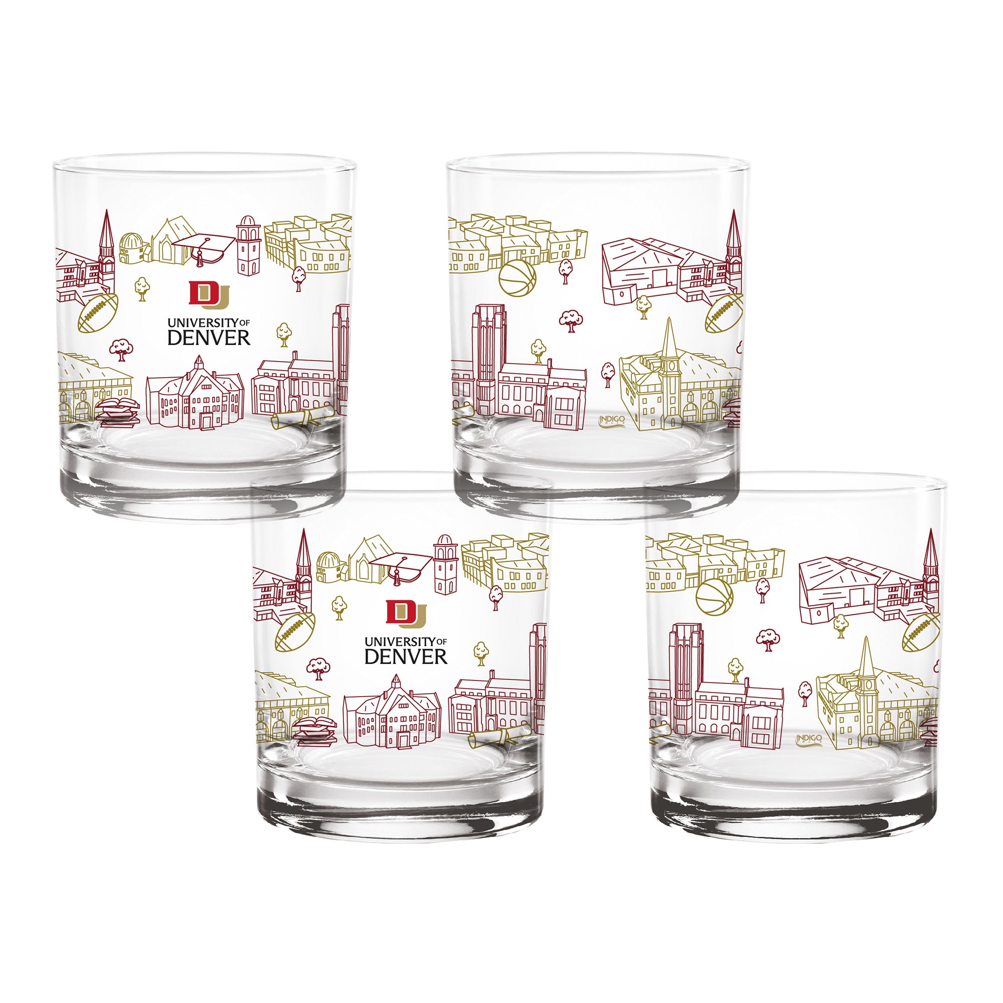 Set of 4 Denver Pioneers Campus Line Art 14oz Rocks Glasses