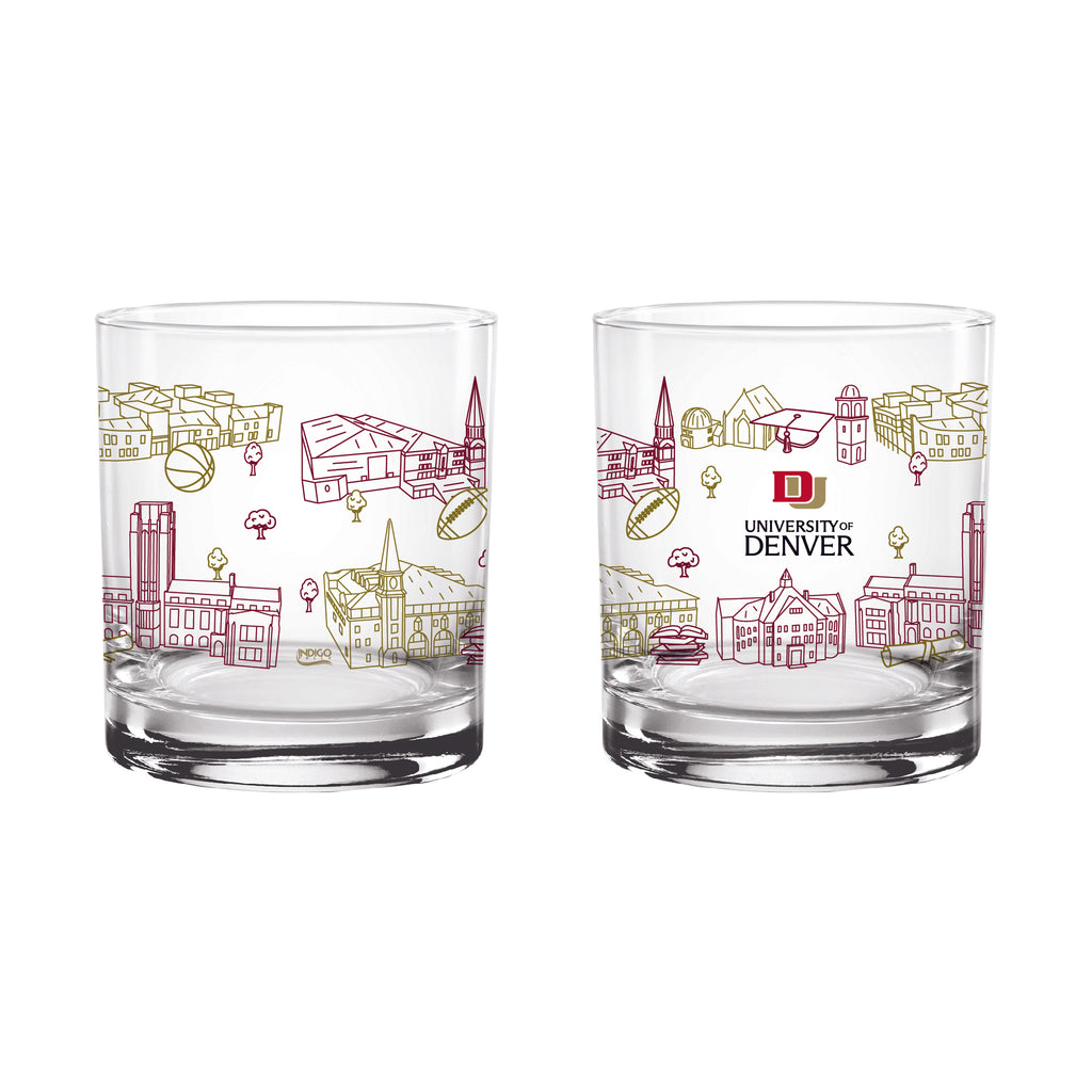 Set of 2 Denver Pioneers Campus Line Art 14oz Rocks Glasses