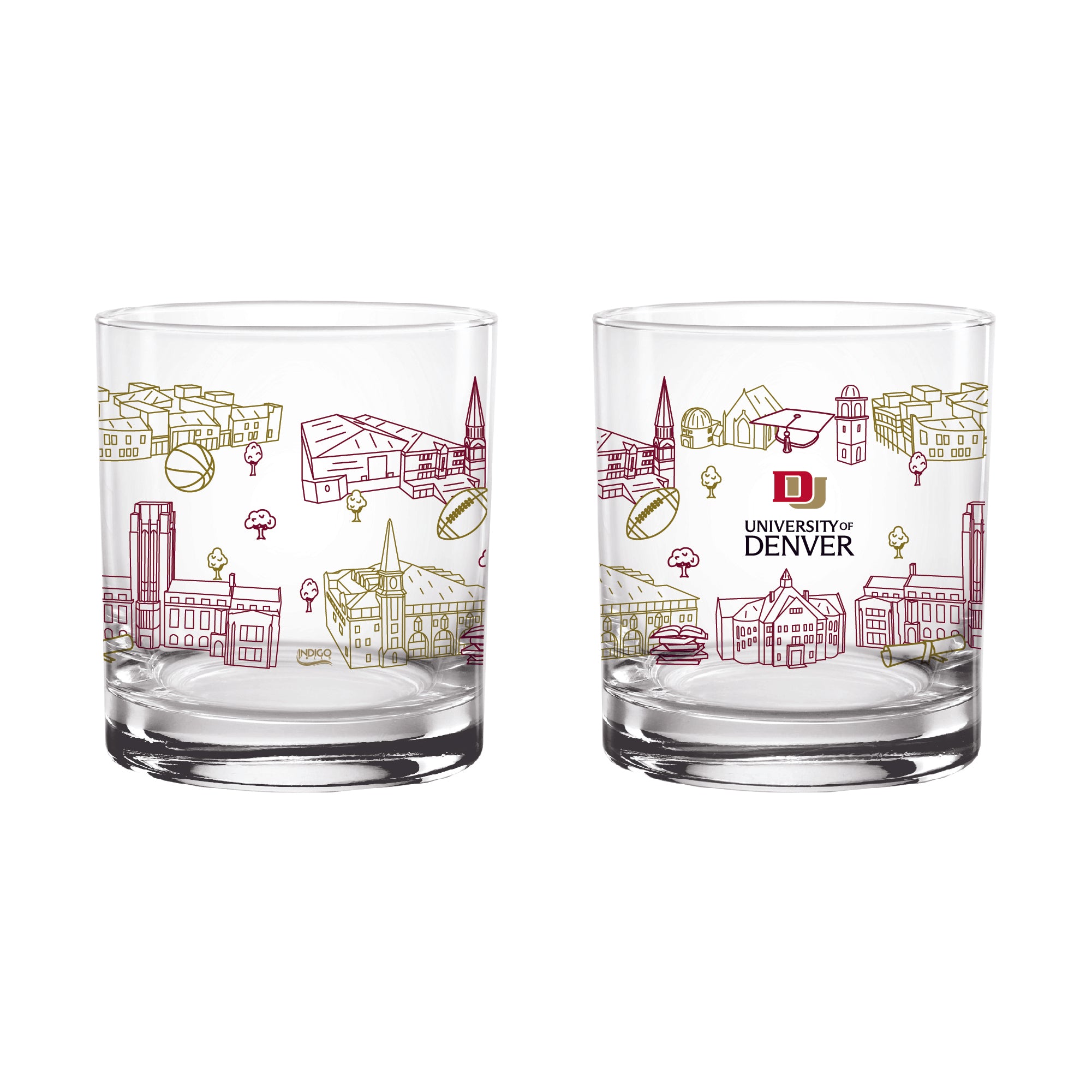 Set of 2 Denver Pioneers Campus Line Art 14oz Rocks Glasses