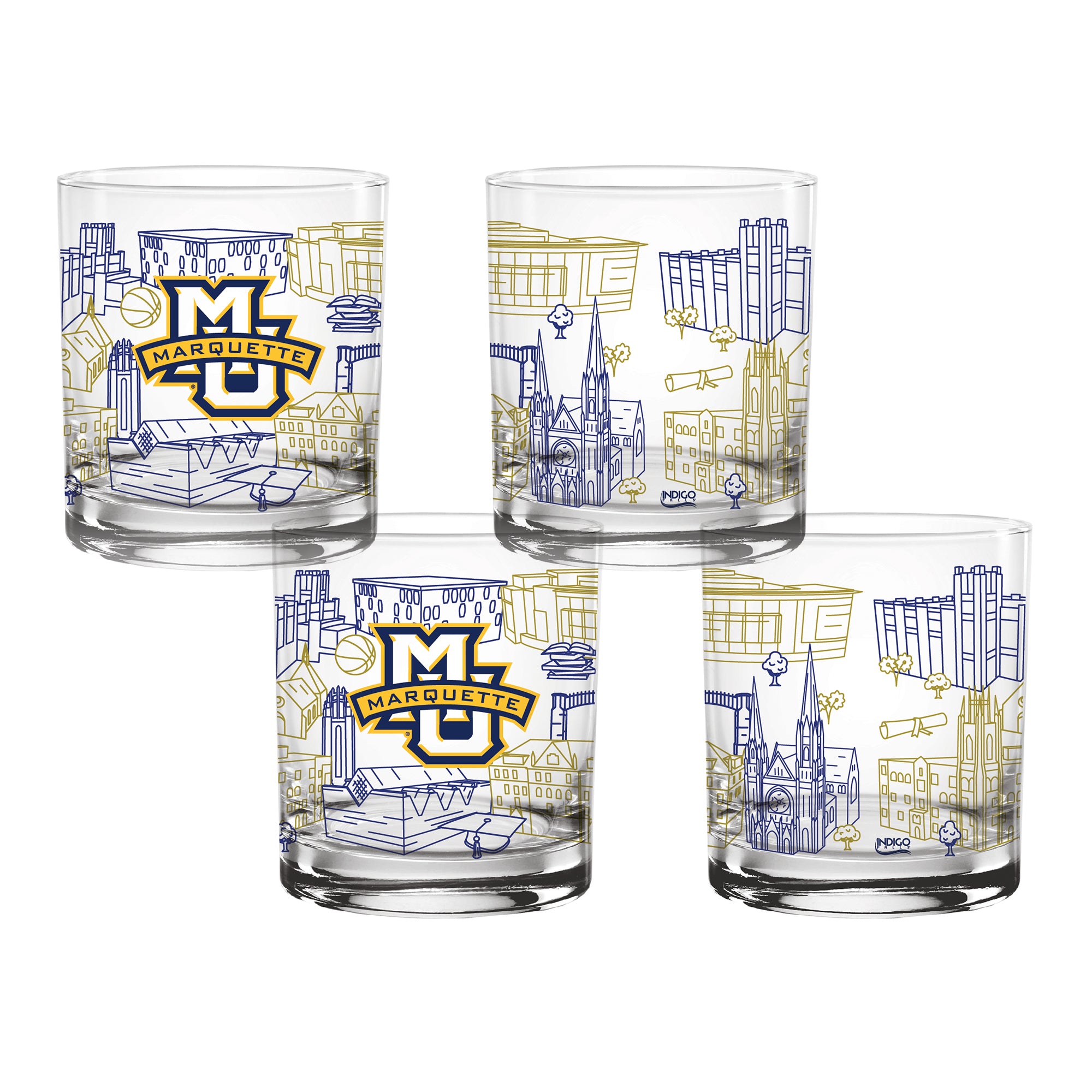 Set of 4 Marquette Golden Eagles Campus Line Art 14oz Rocks Glasses