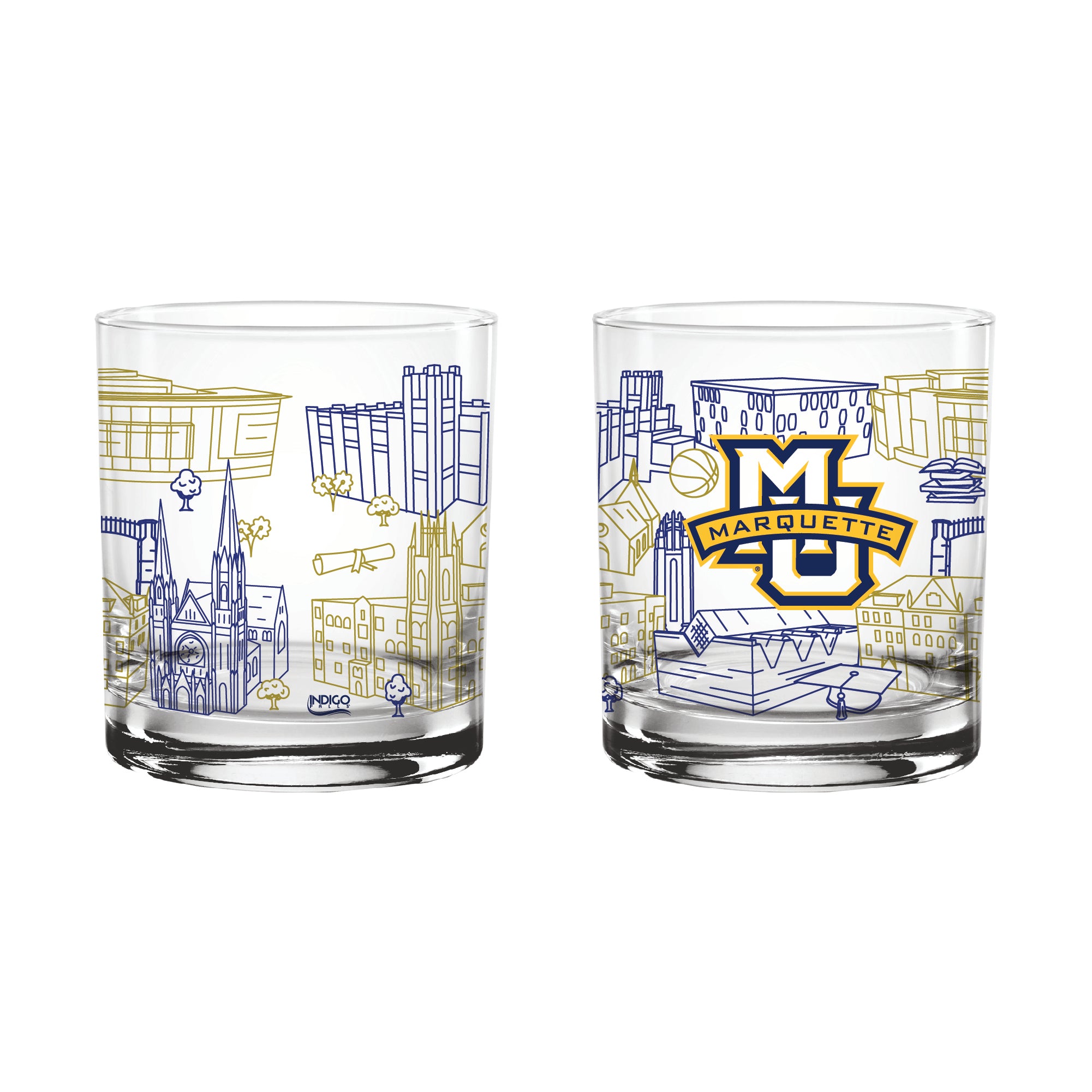Set of 2 Marquette Golden Eagles Campus Line Art 14oz Rocks Glasses