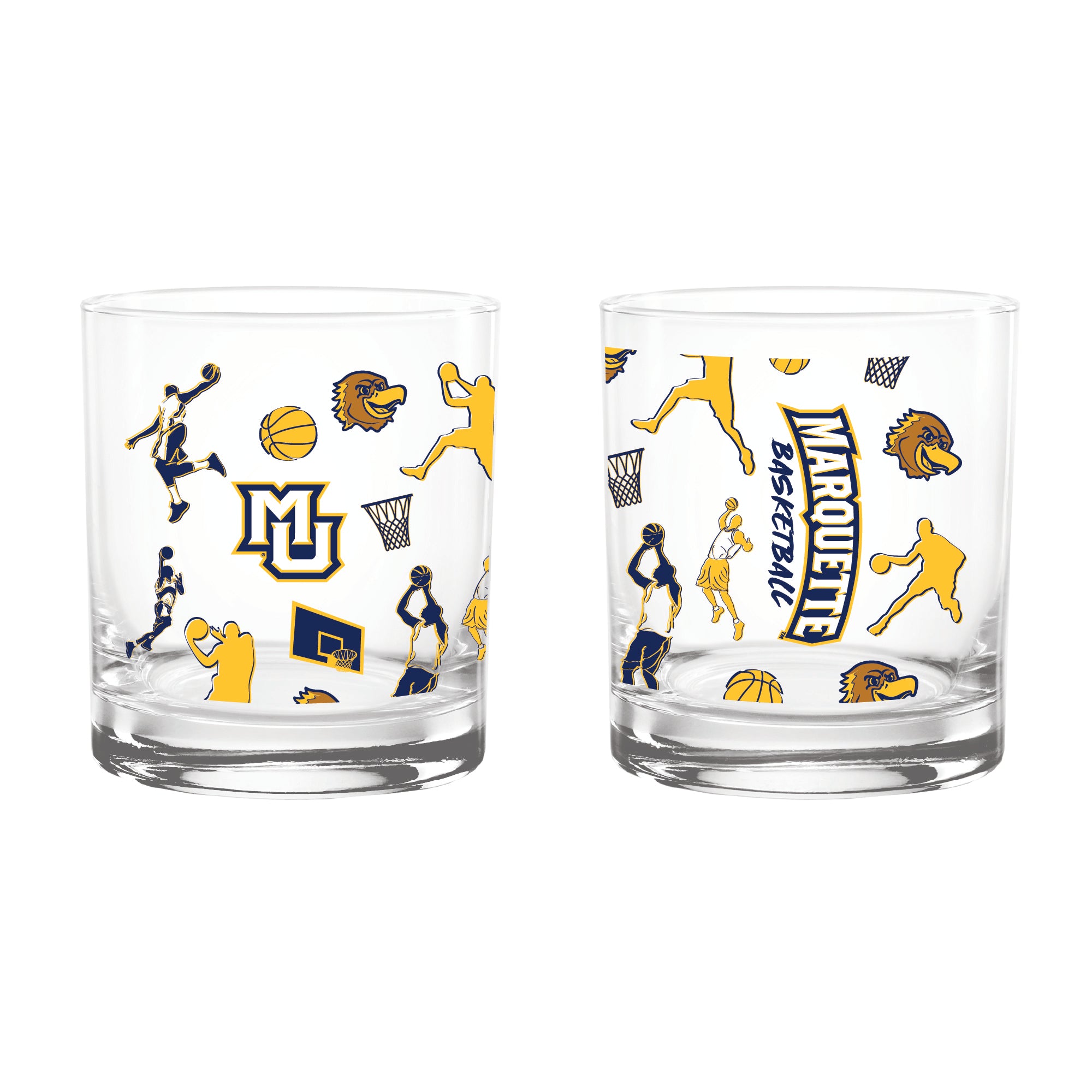 Set of 2 Marquette Golden Eagles Basketball Sketch 14oz Rocks Glasses