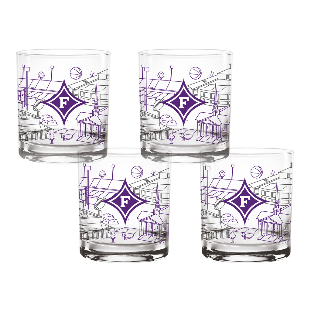 Set of 4 Furman Paladins Campus Line Art 14oz Rocks Glasses