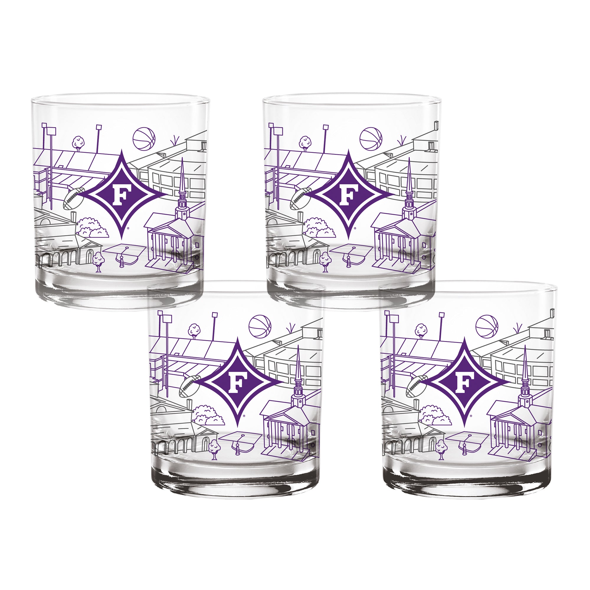 Set of 4 Furman Paladins Campus Line Art 14oz Rocks Glasses