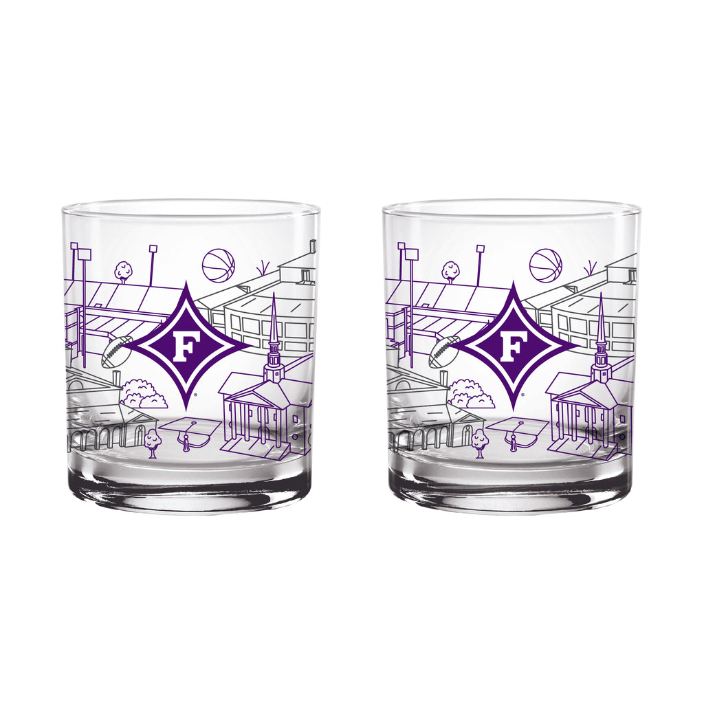 Set of 2 Furman Paladins Campus Line Art 14oz Rocks Glasses