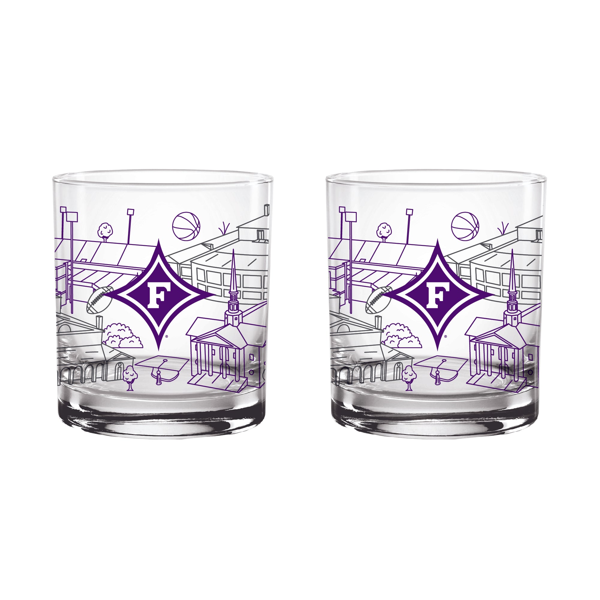 Set of 2 Furman Paladins Campus Line Art 14oz Rocks Glasses