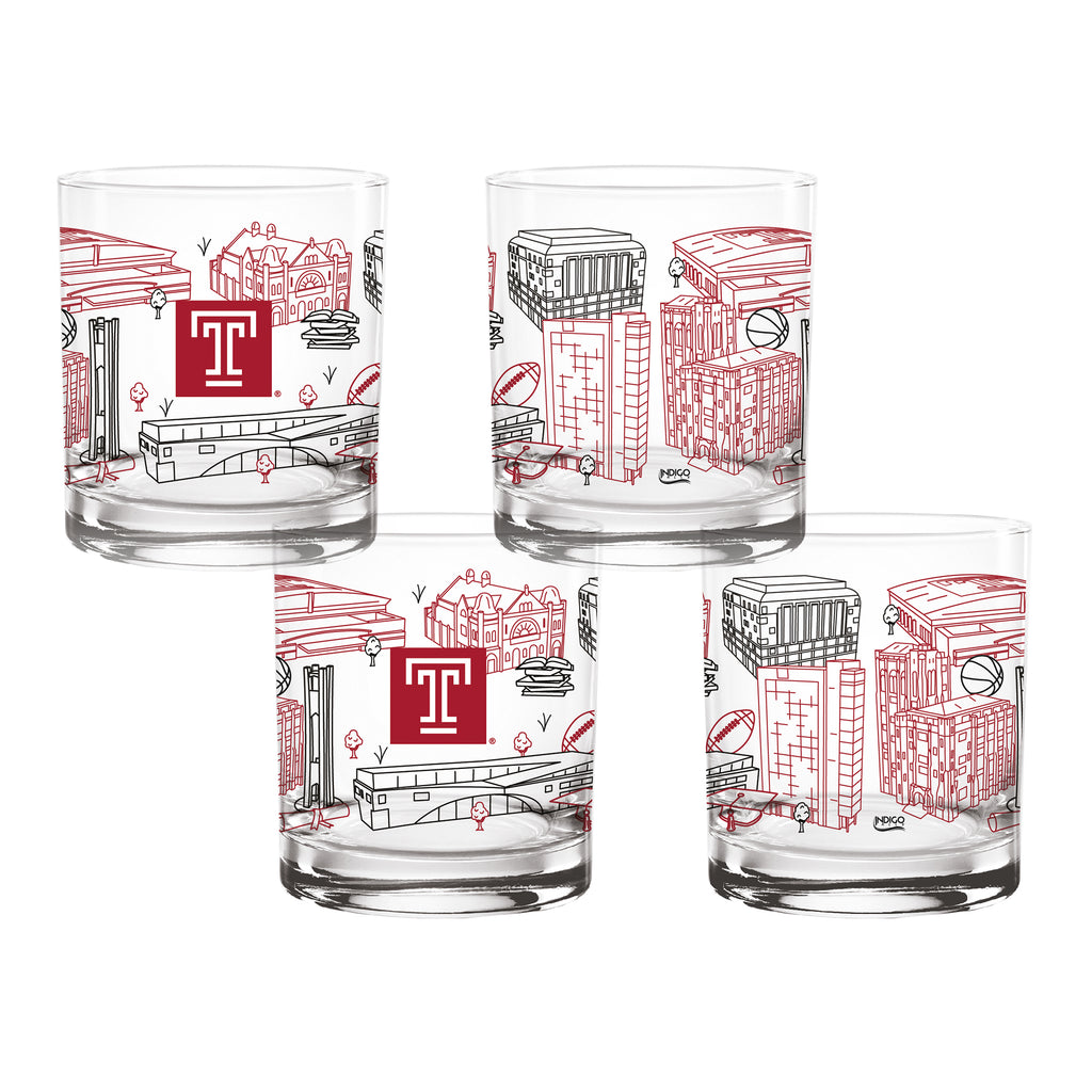 Set of 4 Temple Owls Campus Line Art 14oz Rocks Glasses
