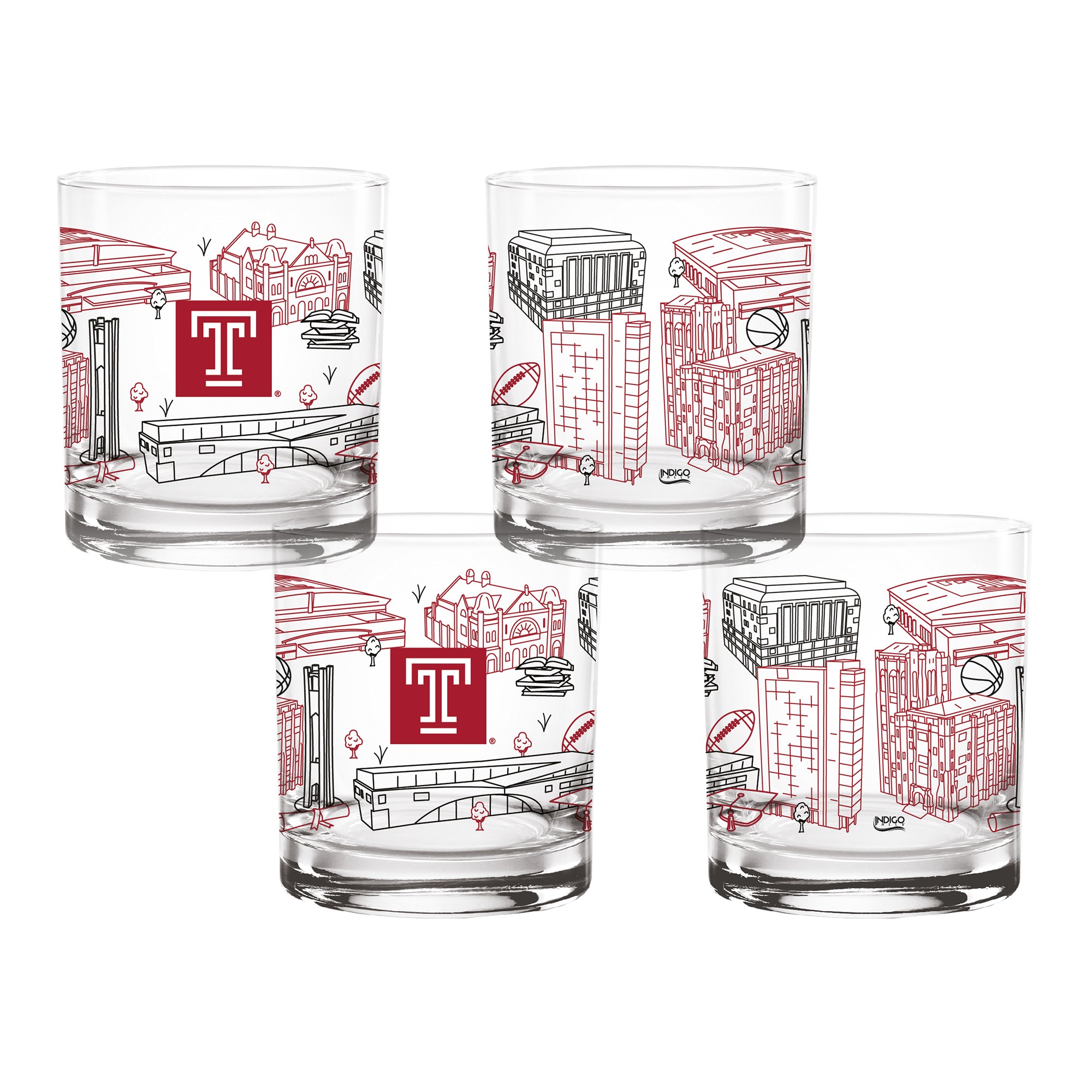 Set of 4 Temple Owls Campus Line Art 14oz Rocks Glasses