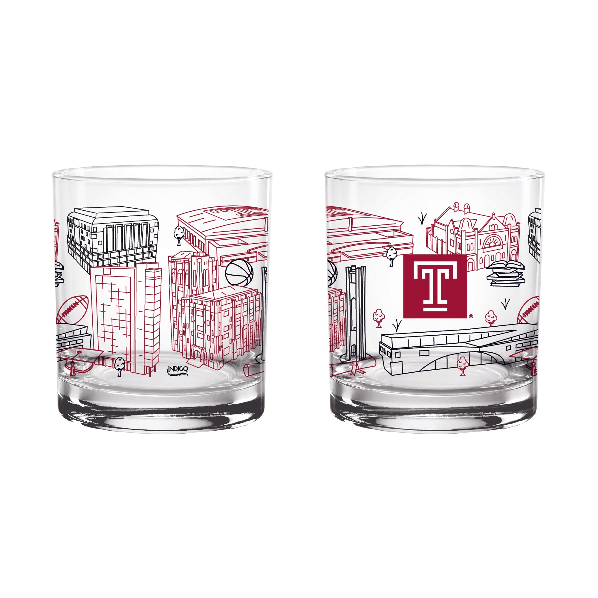 Set of 2 Temple Owls Campus Line Art 14oz Rocks Glasses