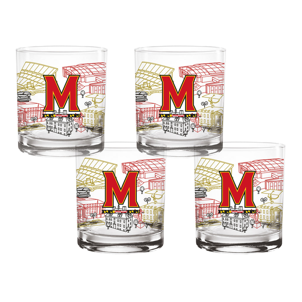 Set of 4 Maryland Terrapins Campus Line Art 14oz Rocks Glasses