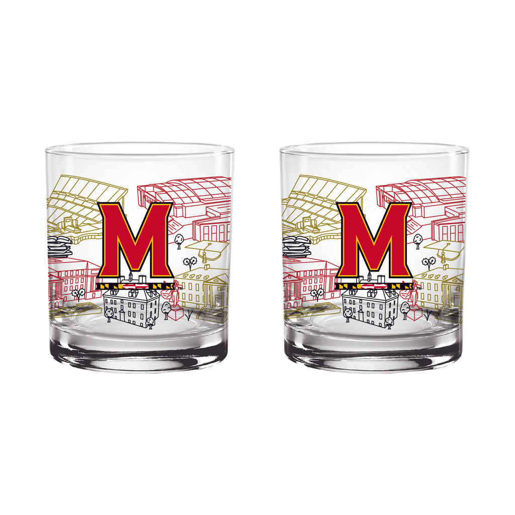 Set of 2 Maryland Terrapins Campus Line Art 14oz Rocks Glasses