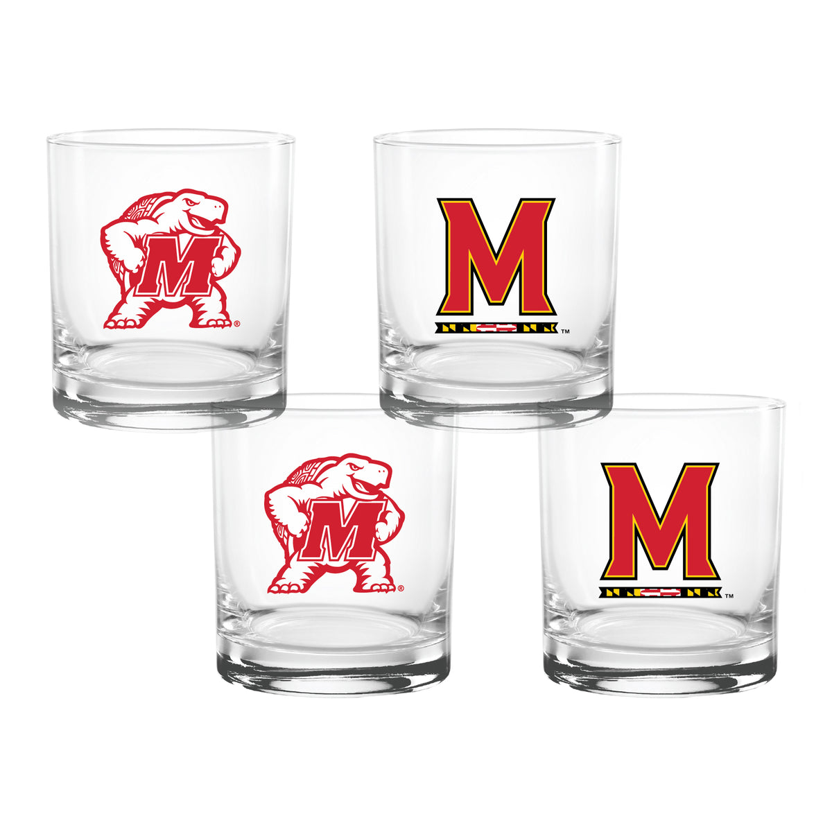 Set of 4 Maryland Terrapins College Vault Sketch 14oz Rocks Glasses