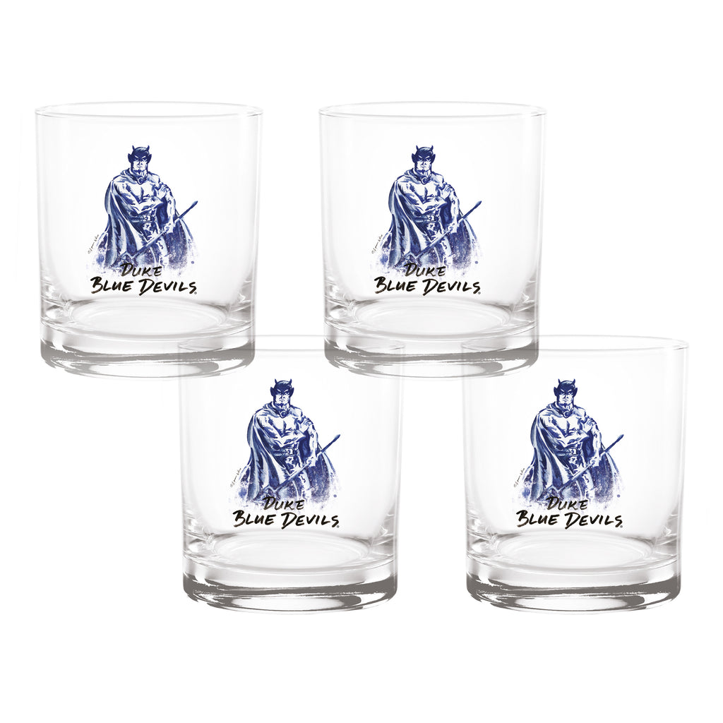 Set of 4 Duke Blue Devils Mascot by Laura Wilcox 14oz Rocks Glasses