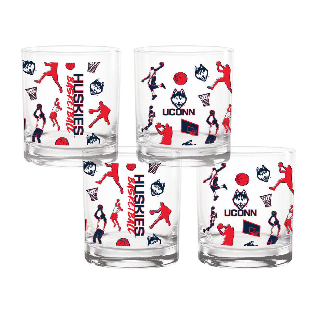 Set of 4 UConn Huskies Sketch 14oz Rocks Glasses