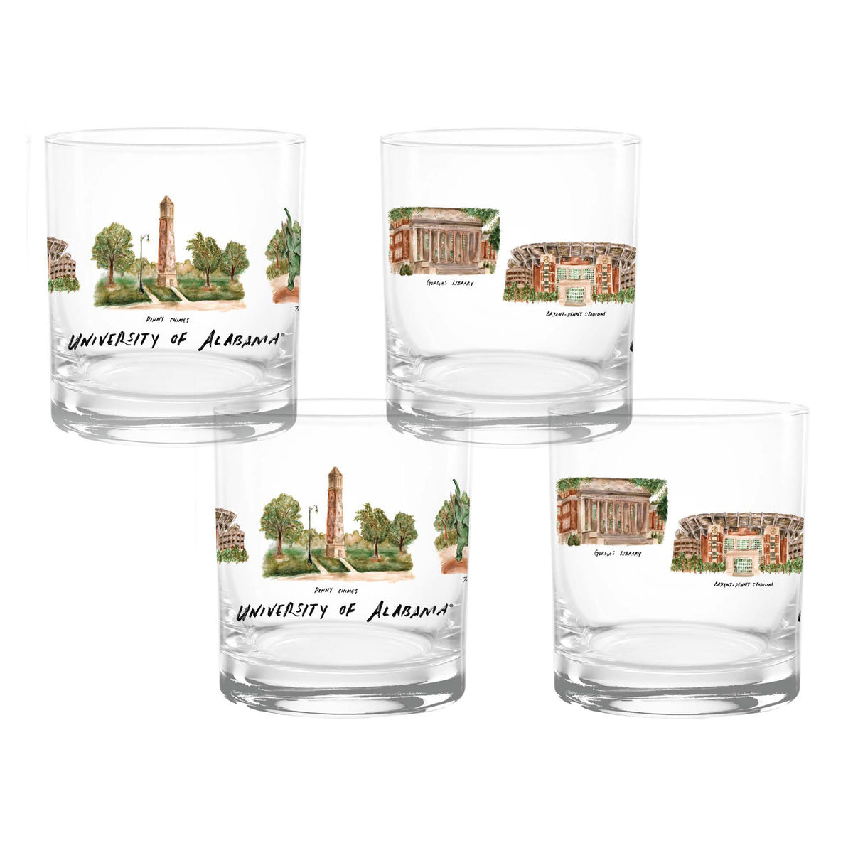 Set of 4 Alabama Crimson Tide Laura Wilcox University Collection 14oz Rocks Glasses