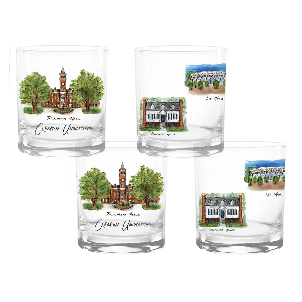 Set of 4 Clemson Tigers Laura Wilcox University Collection 14oz Rocks Glasses