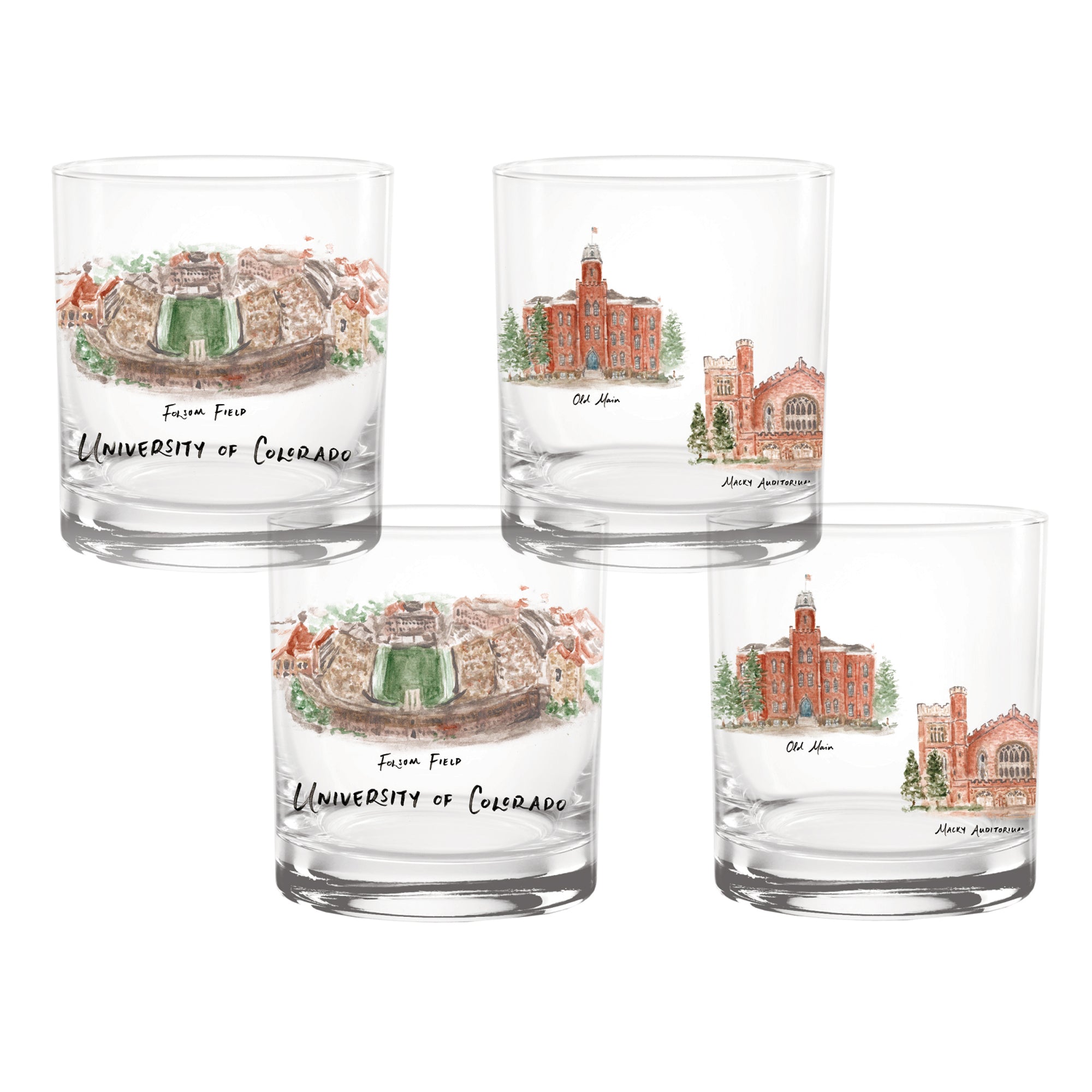 Set of 4 Colorado Buffaloes Laura Wilcox University Collection 14oz Rocks Glasses
