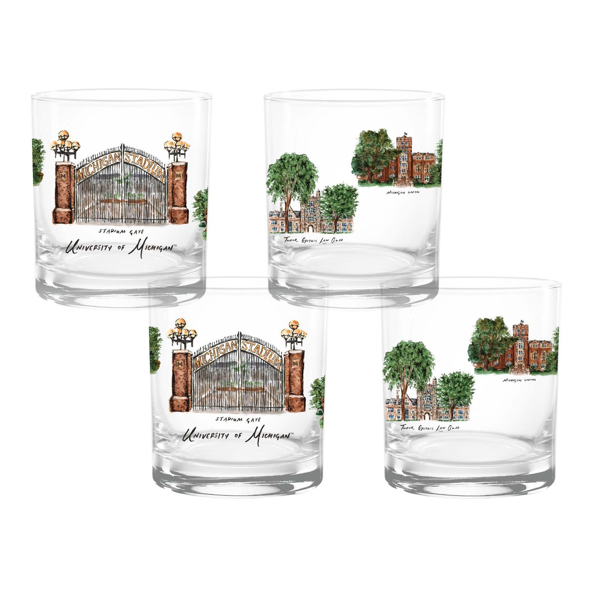 Set of 4 Michigan Wolverines Laura Wilcox University Collection 14oz Rocks Glasses