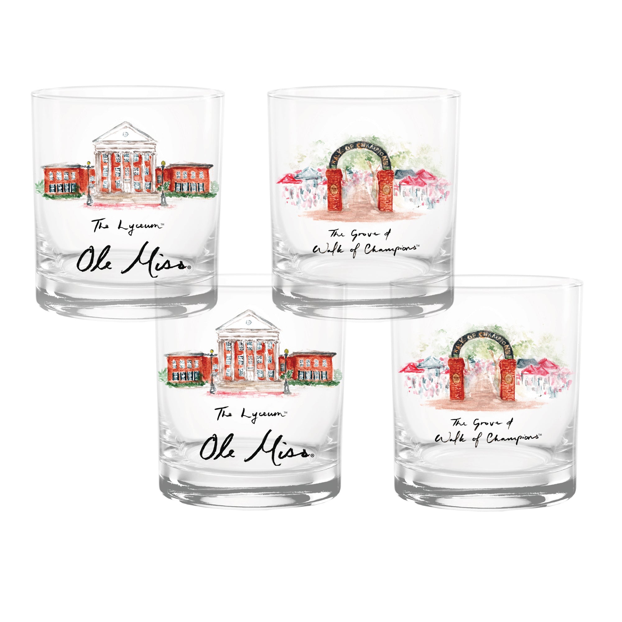 Set of 4 Ole Miss Rebels Laura Wilcox University Collection 14oz Rocks Glasses