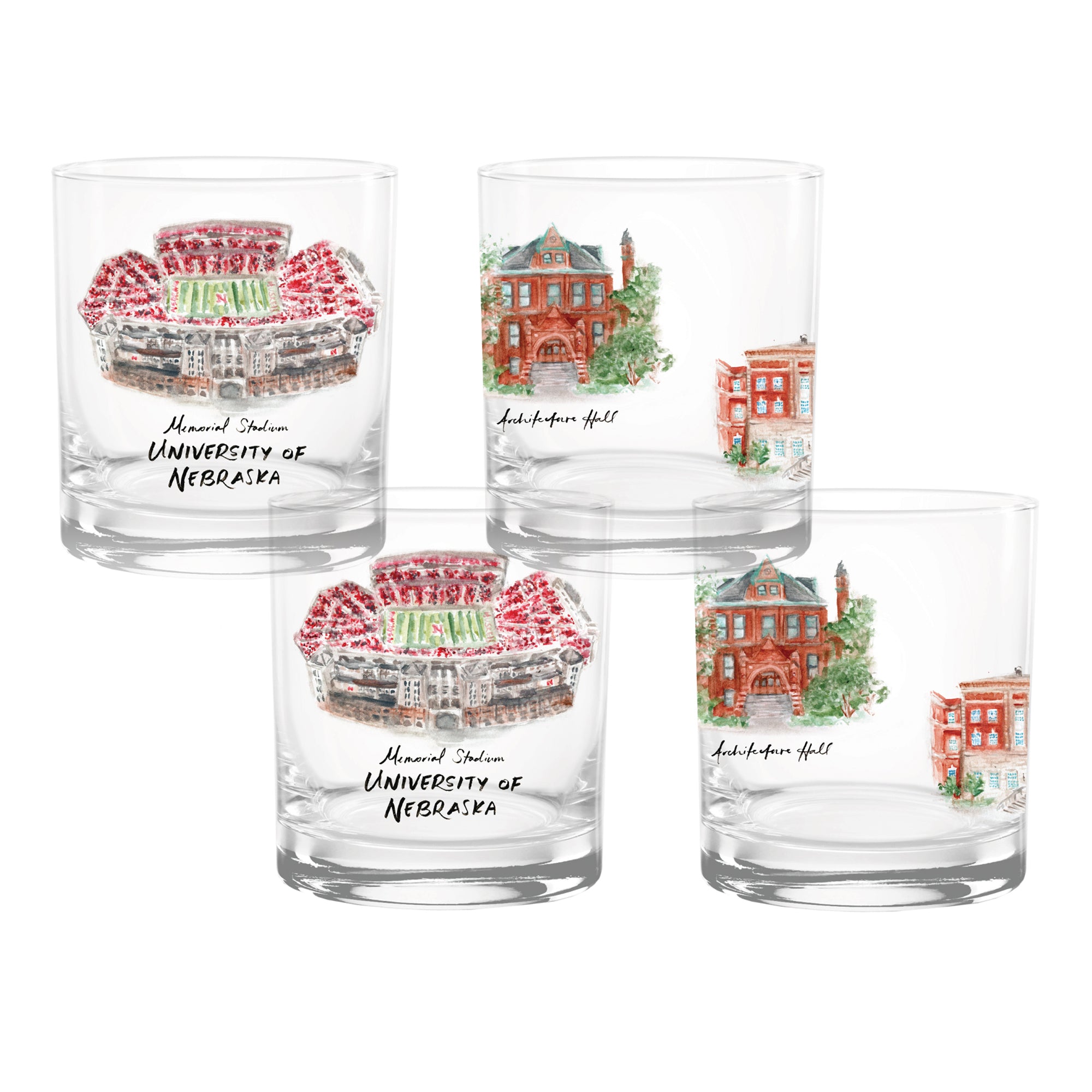 Set of 4 Nebraska Cornhuskers Laura Wilcox University Collection 14oz Rocks Glasses