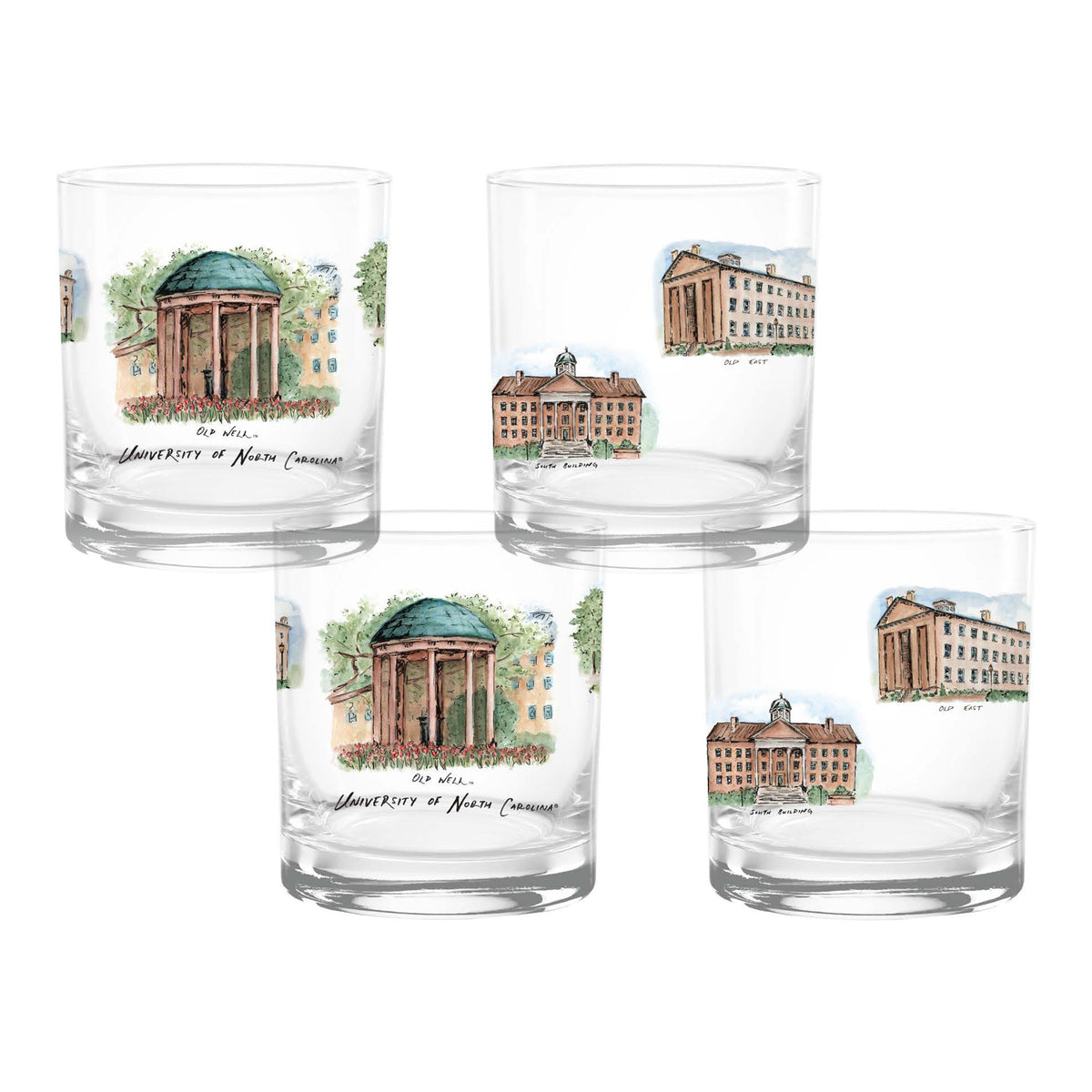 Set of 4 North Carolina Tar Heels Laura Wilcox University Collection 14oz Rocks Glasses